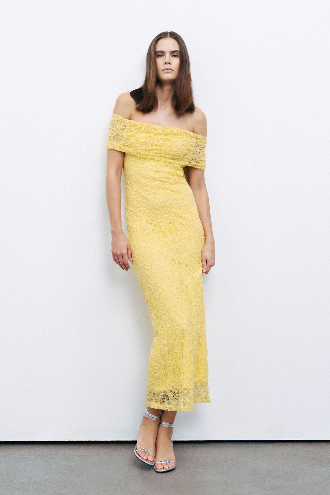 Yellow Off-The-Shoulder Lace Detailed Maxi Dress