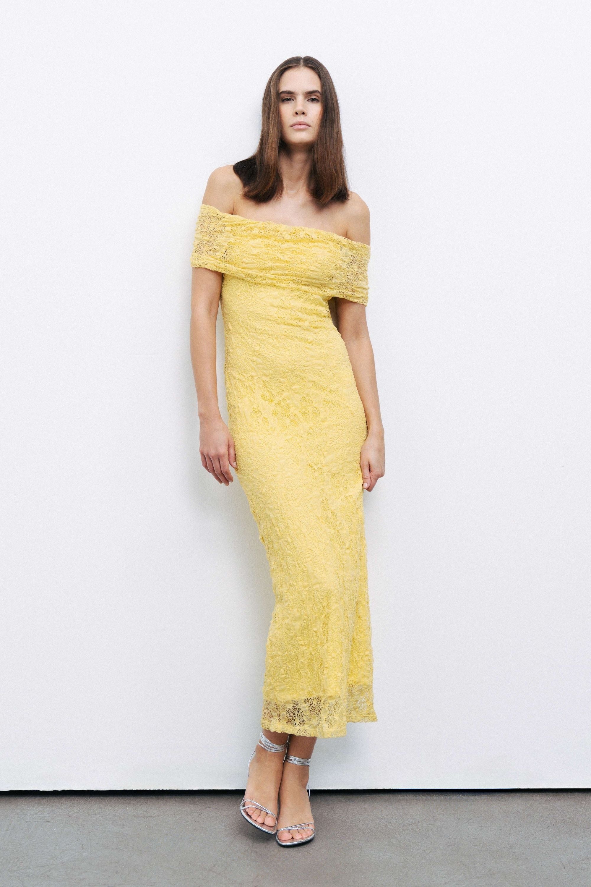 Yellow Off-The-Shoulder Lace Detailed Maxi Dress