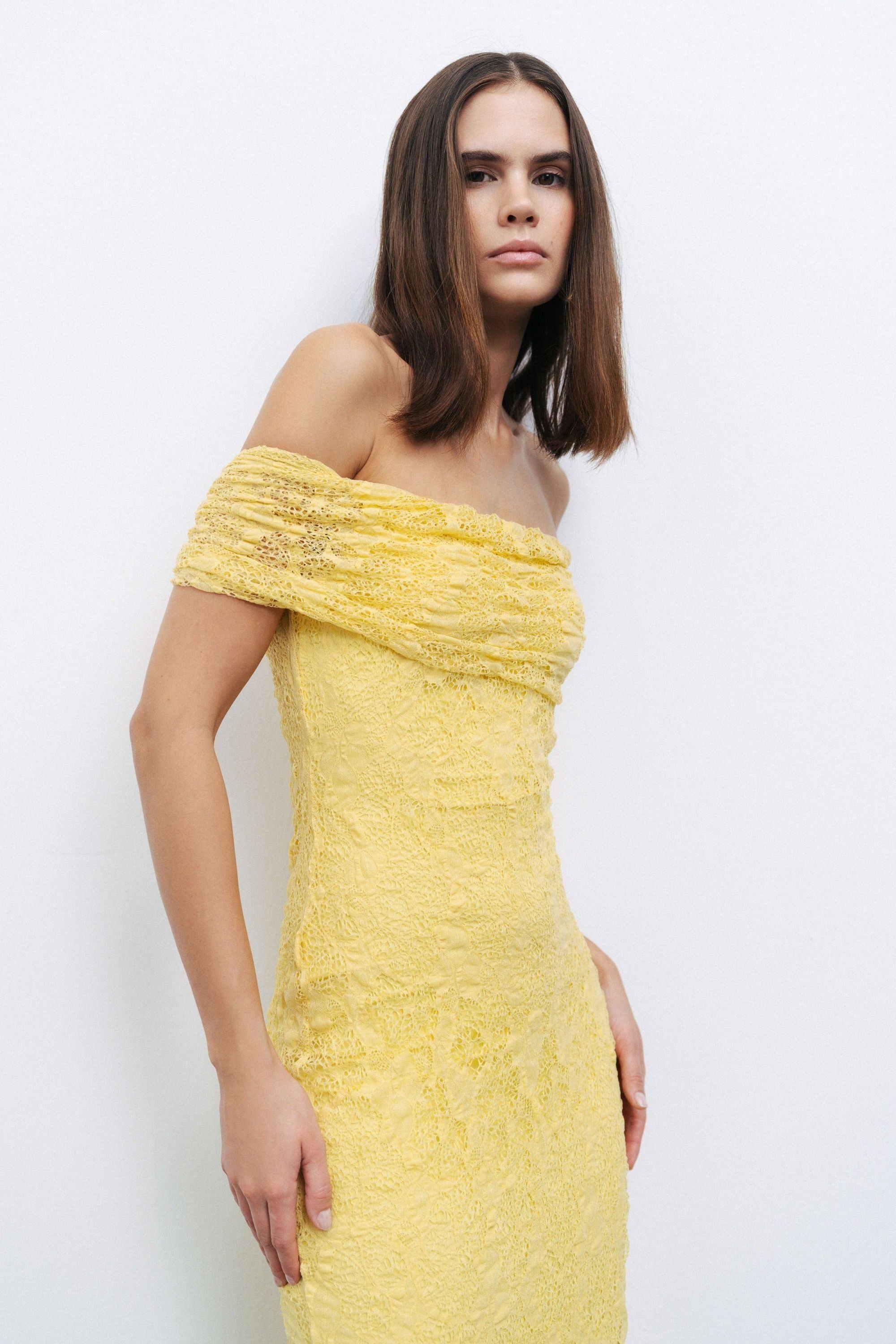 Yellow Off-The-Shoulder Lace Detailed Maxi Dress