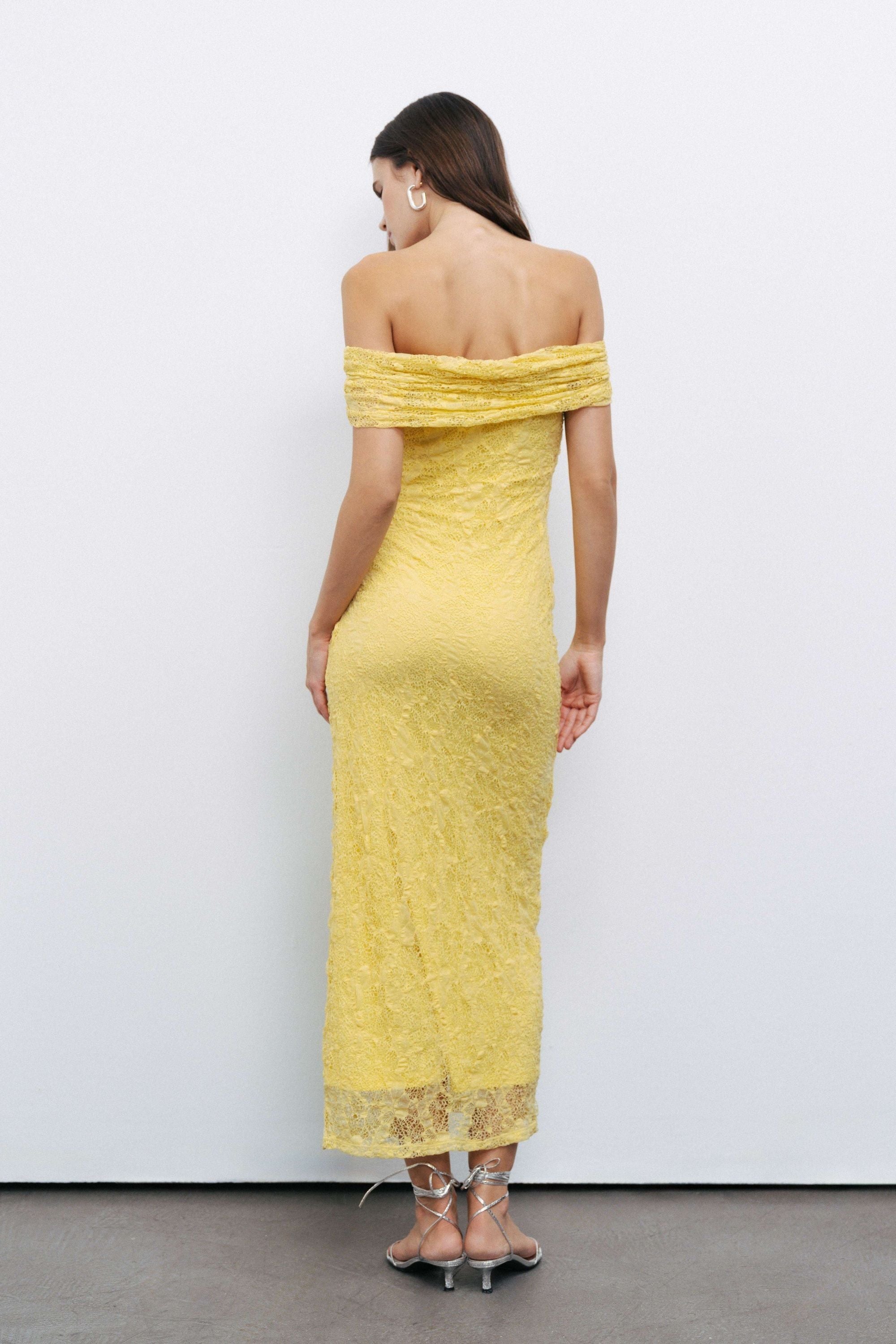 Yellow Off-The-Shoulder Lace Detailed Maxi Dress