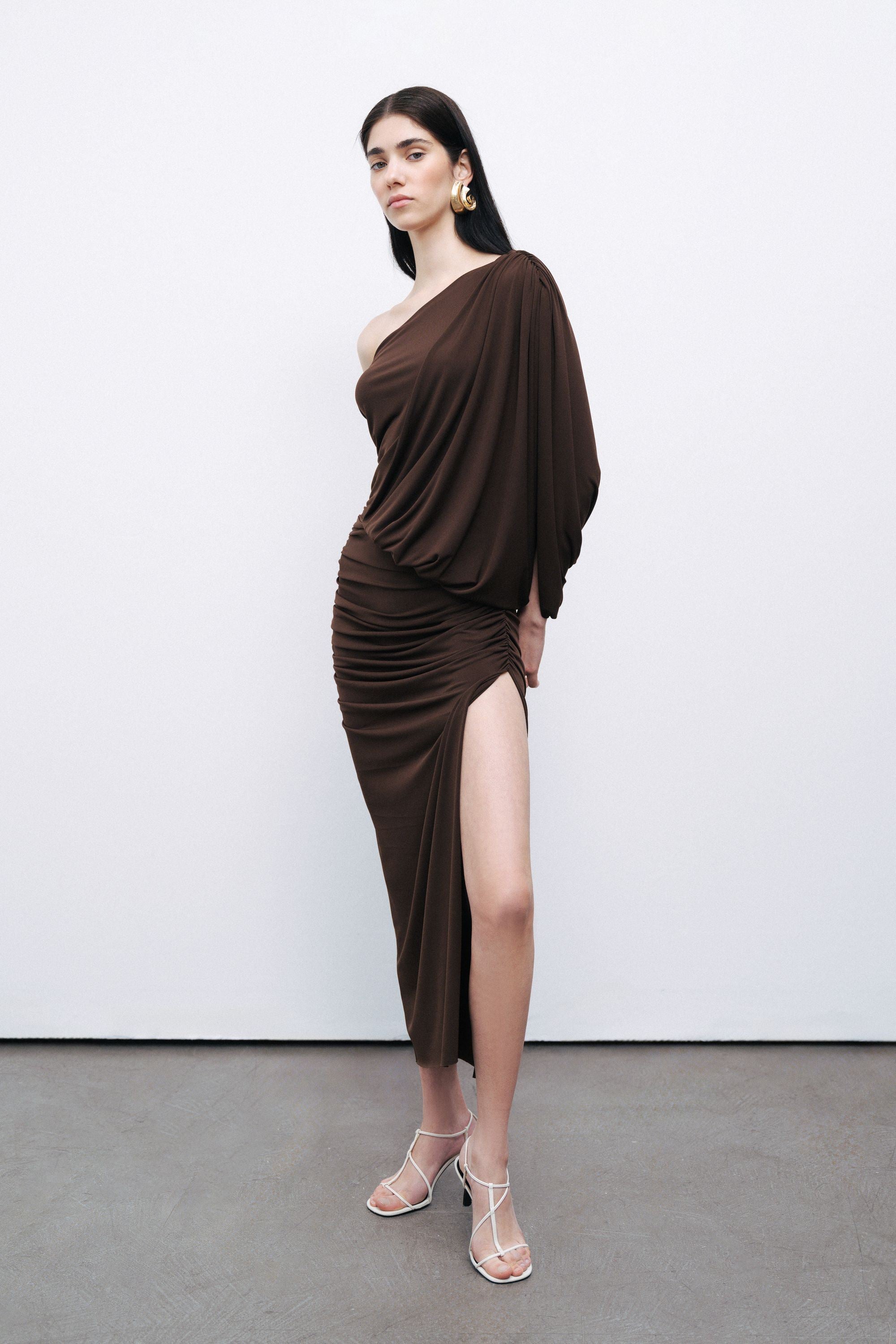 Dark Brown Draped Detail Maxi Dress
