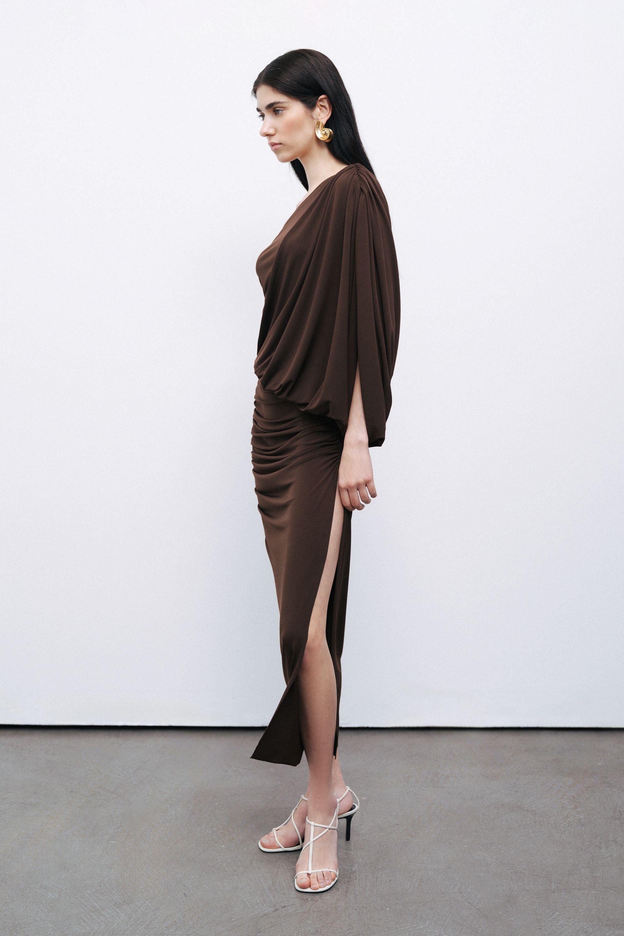 Dark Brown Draped Detail Maxi Dress