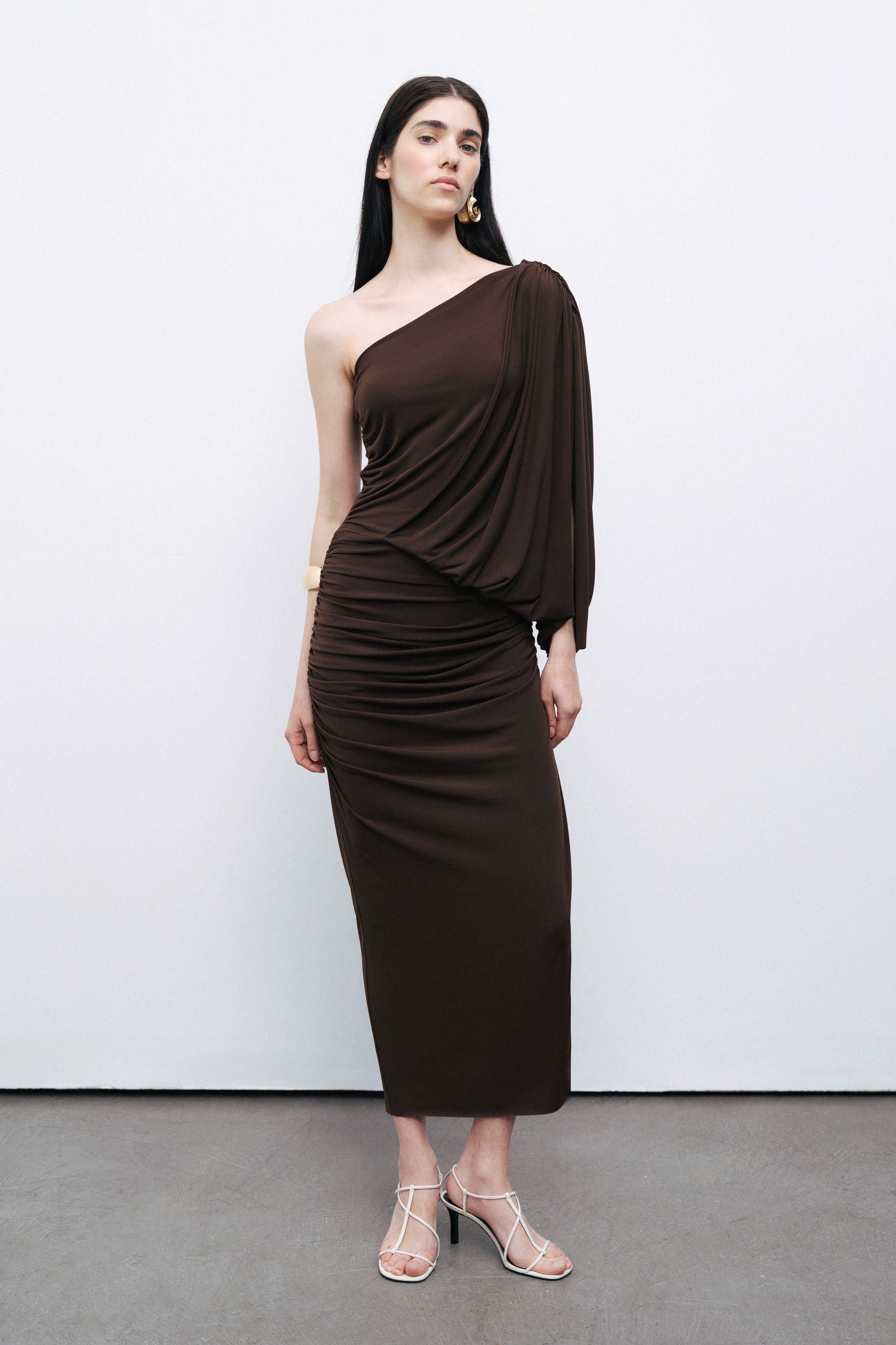 Dark Brown Draped Detail Maxi Dress