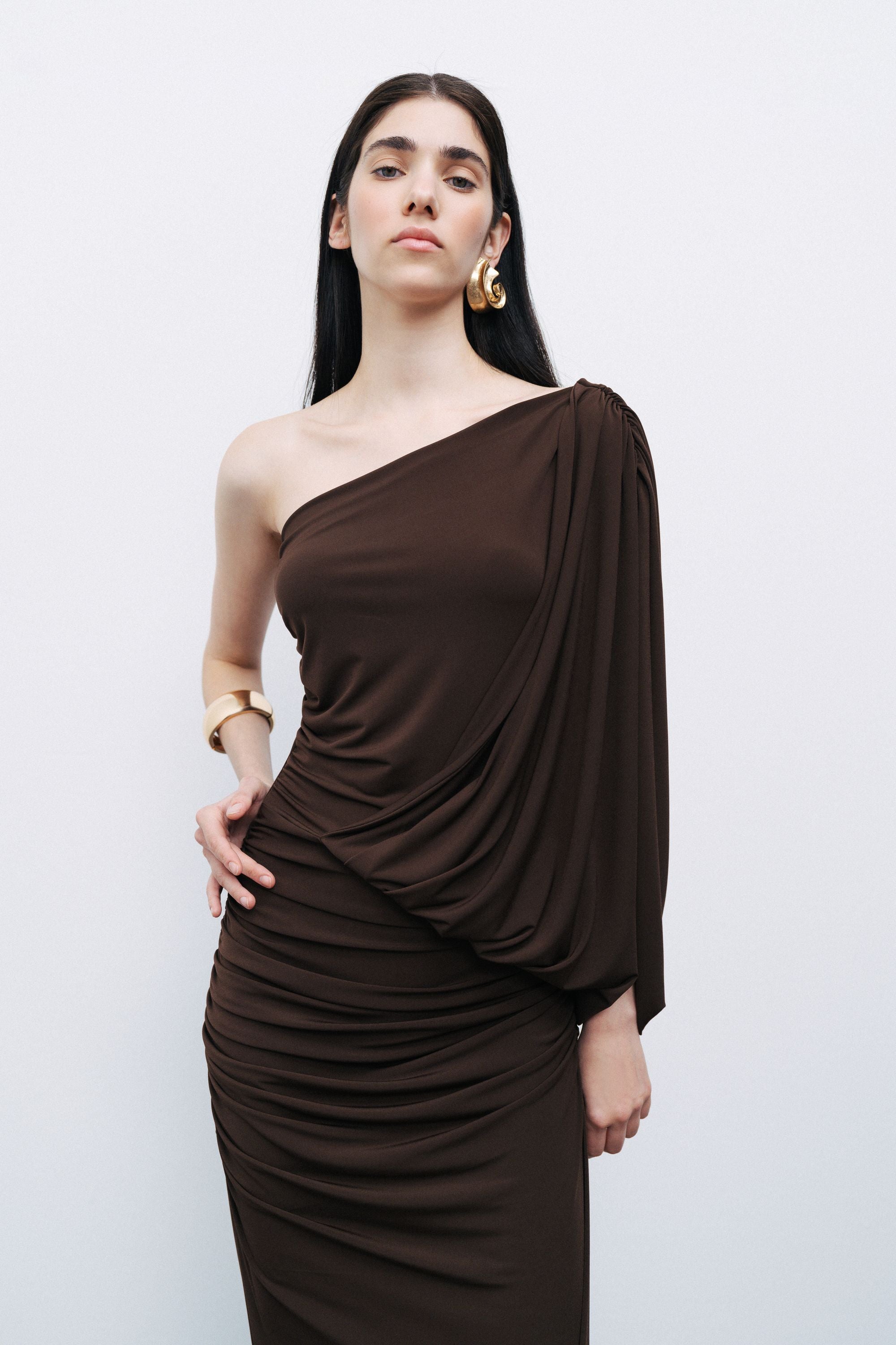 Dark Brown Draped Detail Maxi Dress
