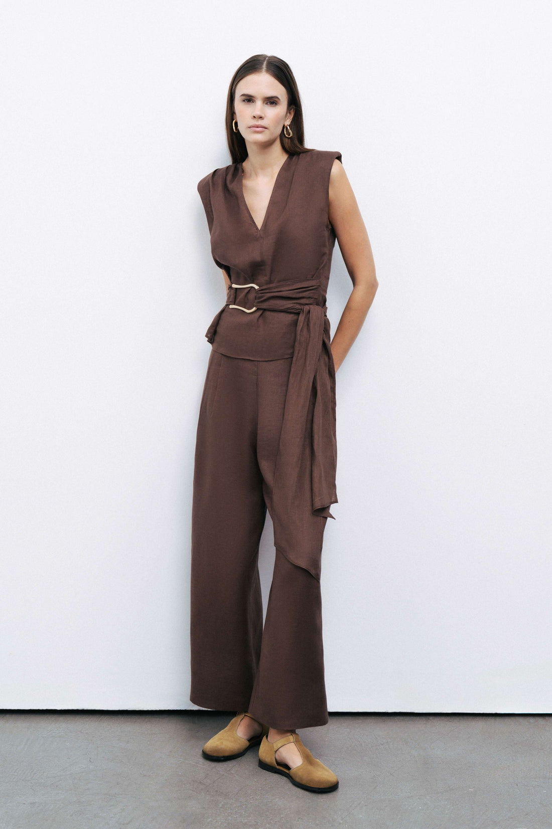 Coffee Linen Pleated Pants