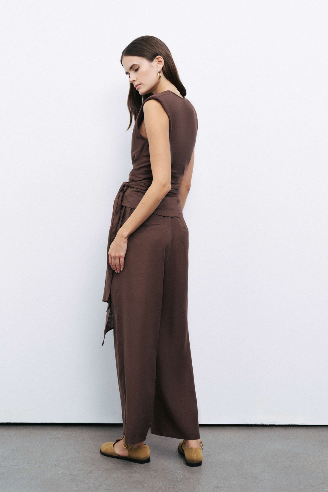 Coffee Linen Pleated Pants