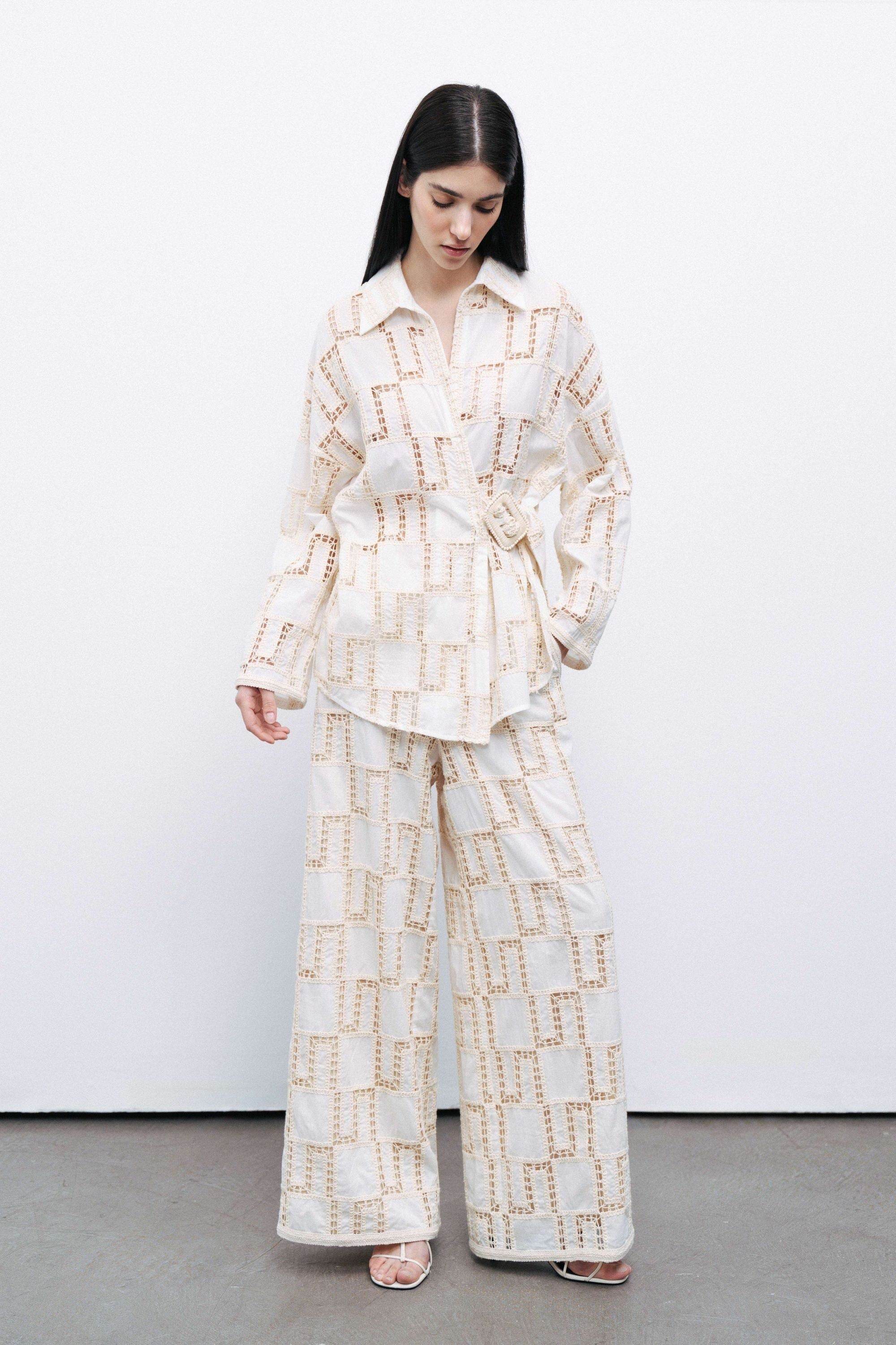 Ecru Embroidered Trousers