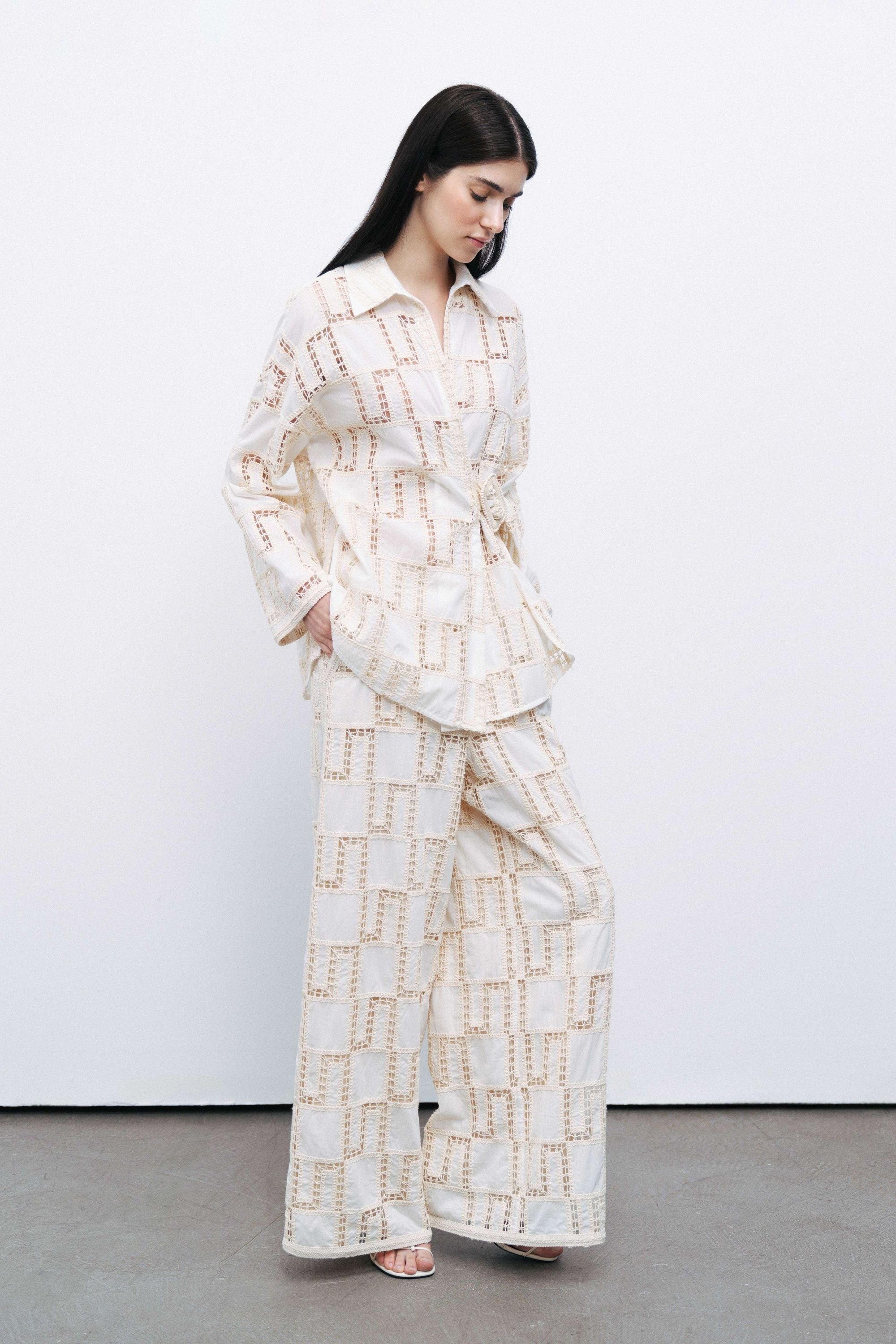 Ecru Embroidered Trousers