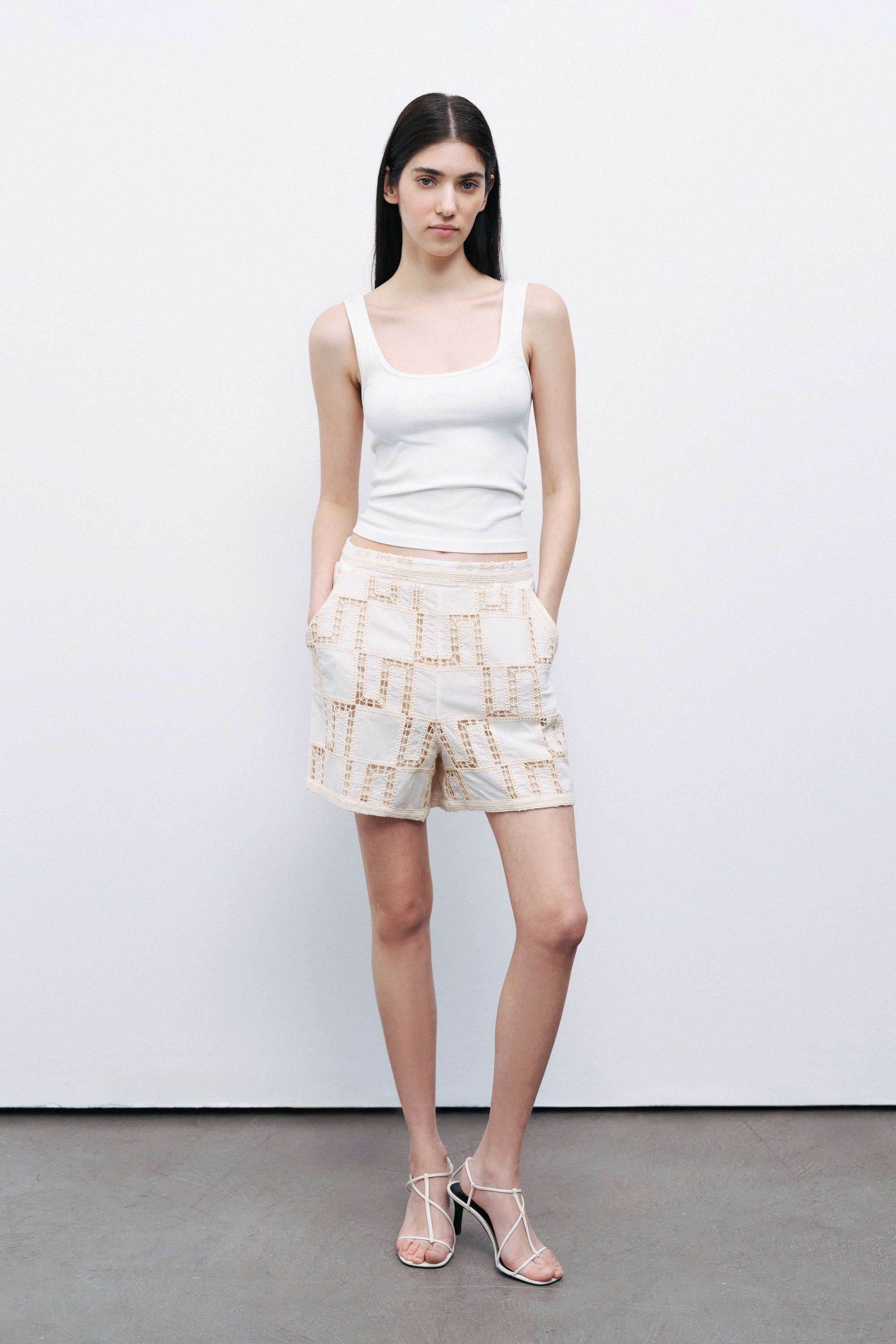 Ecru Embroidered Mini Shorts