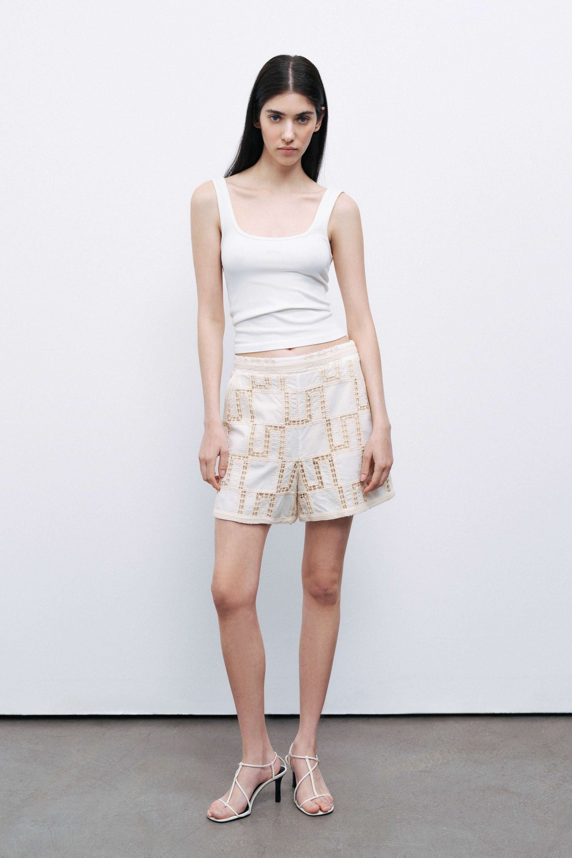 Ecru Embroidered Mini Shorts