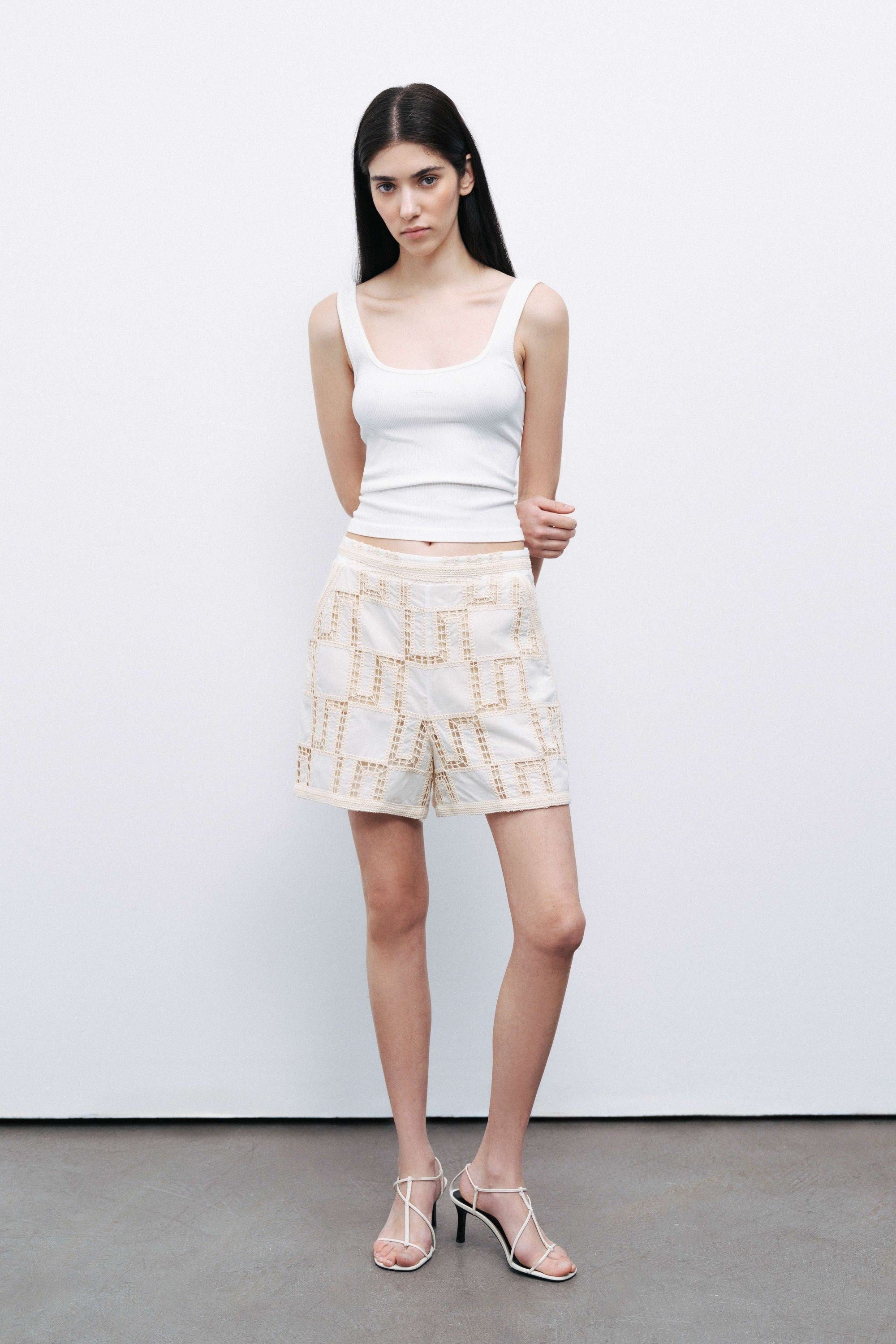 Ecru Embroidered Mini Shorts