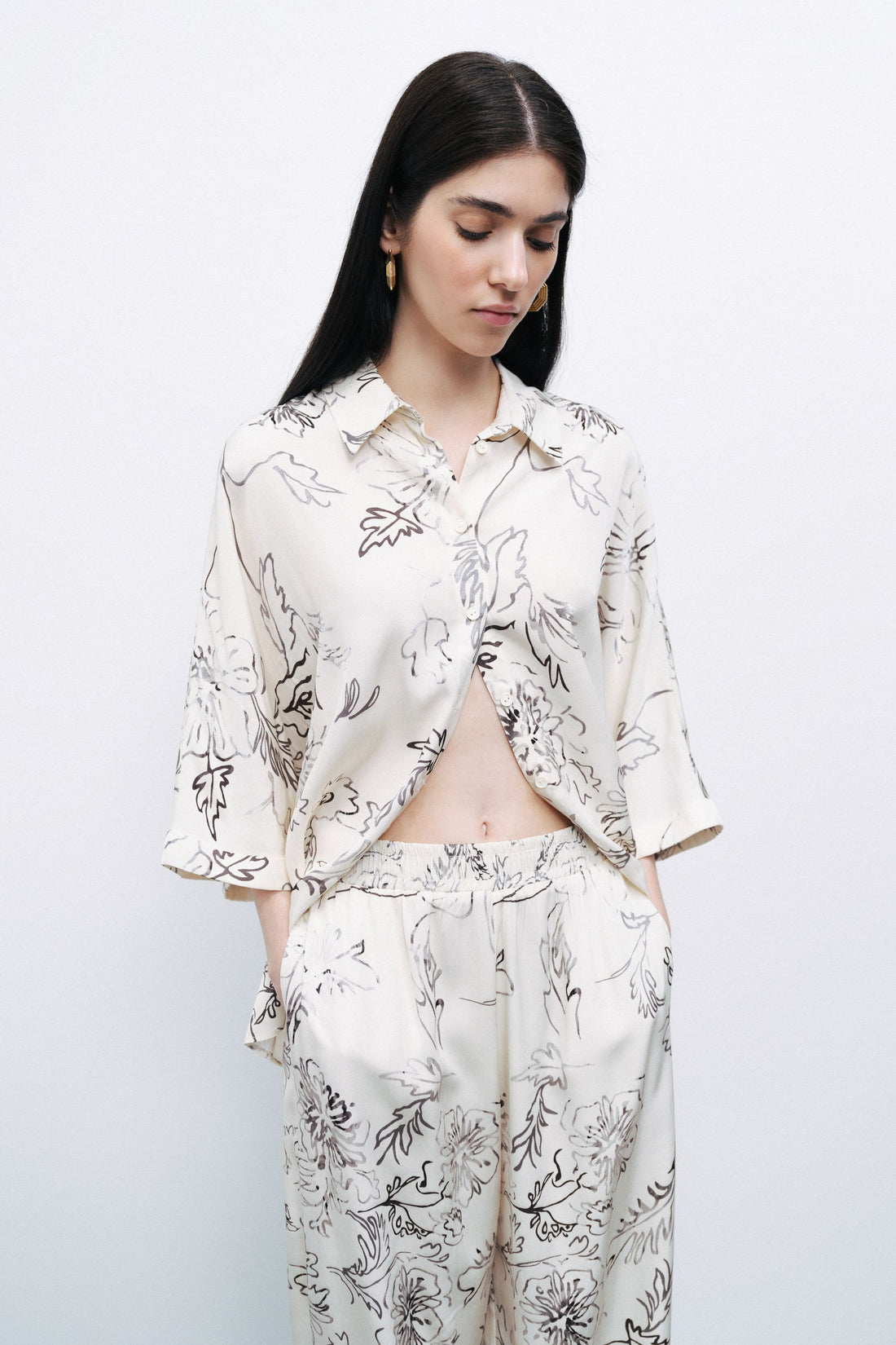 White Floral Flowy Patterned Shirt