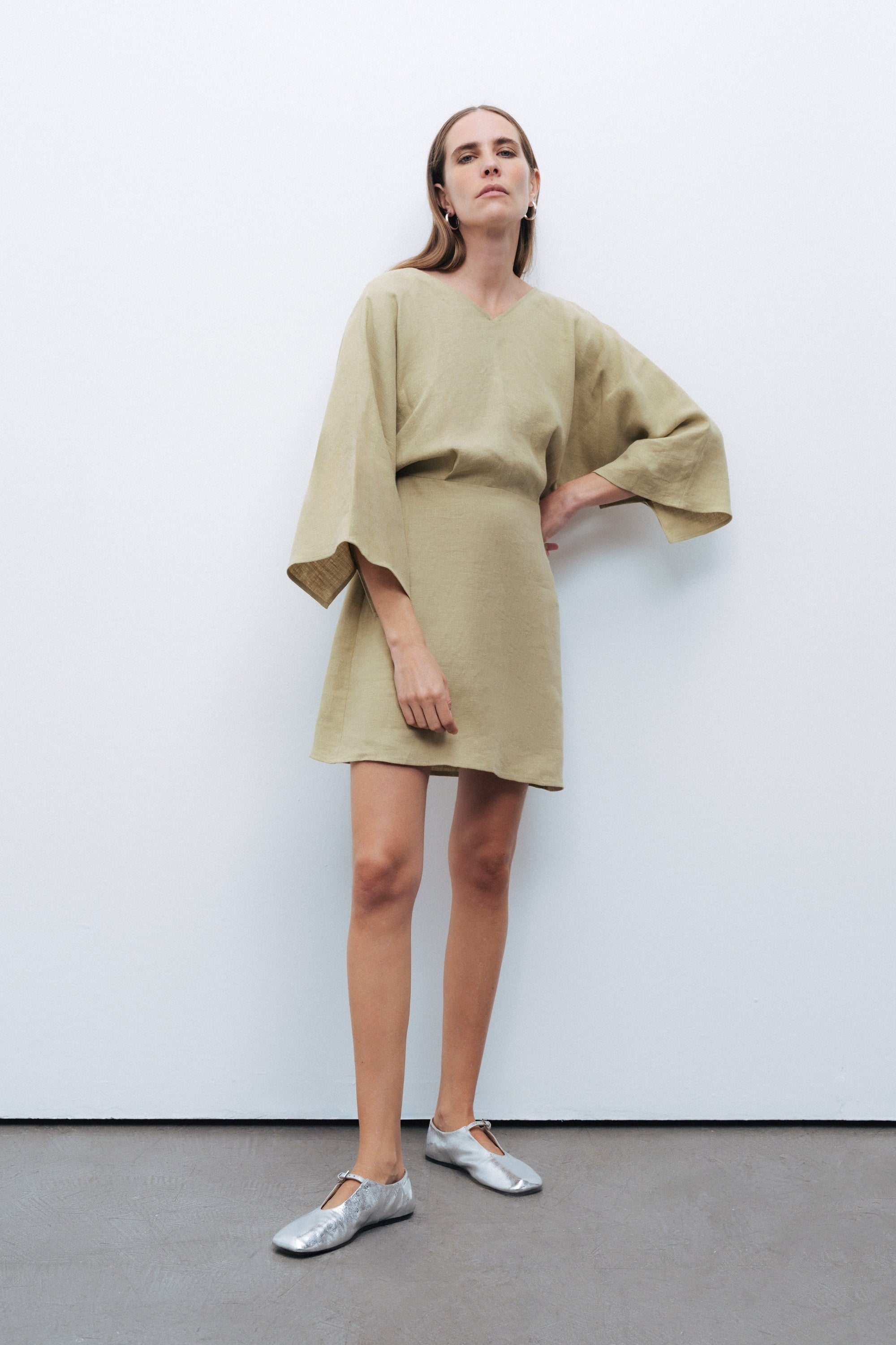 Olive Linen Beaded Back Detailed Mini Dress