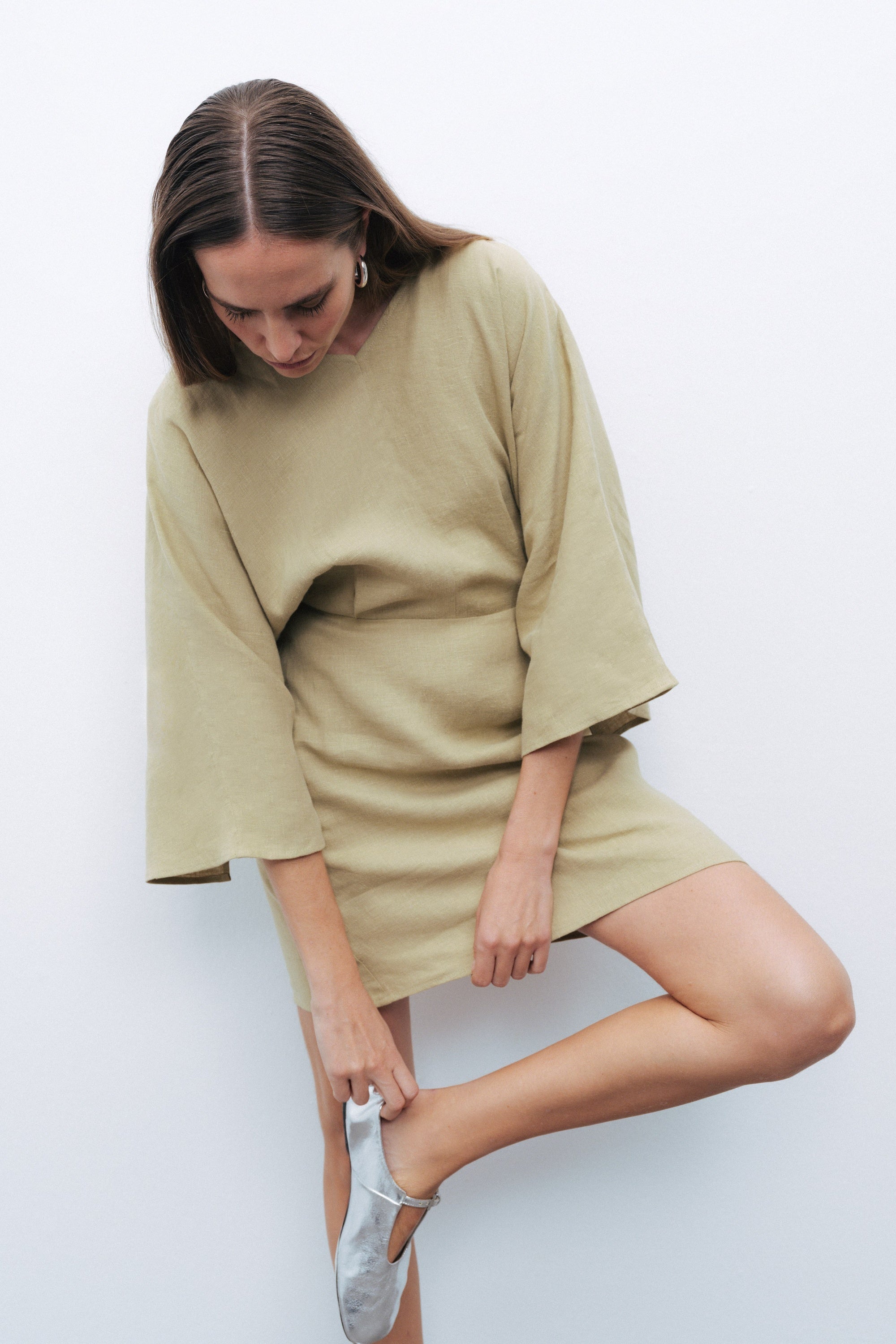 Olive Linen Beaded Back Detailed Mini Dress