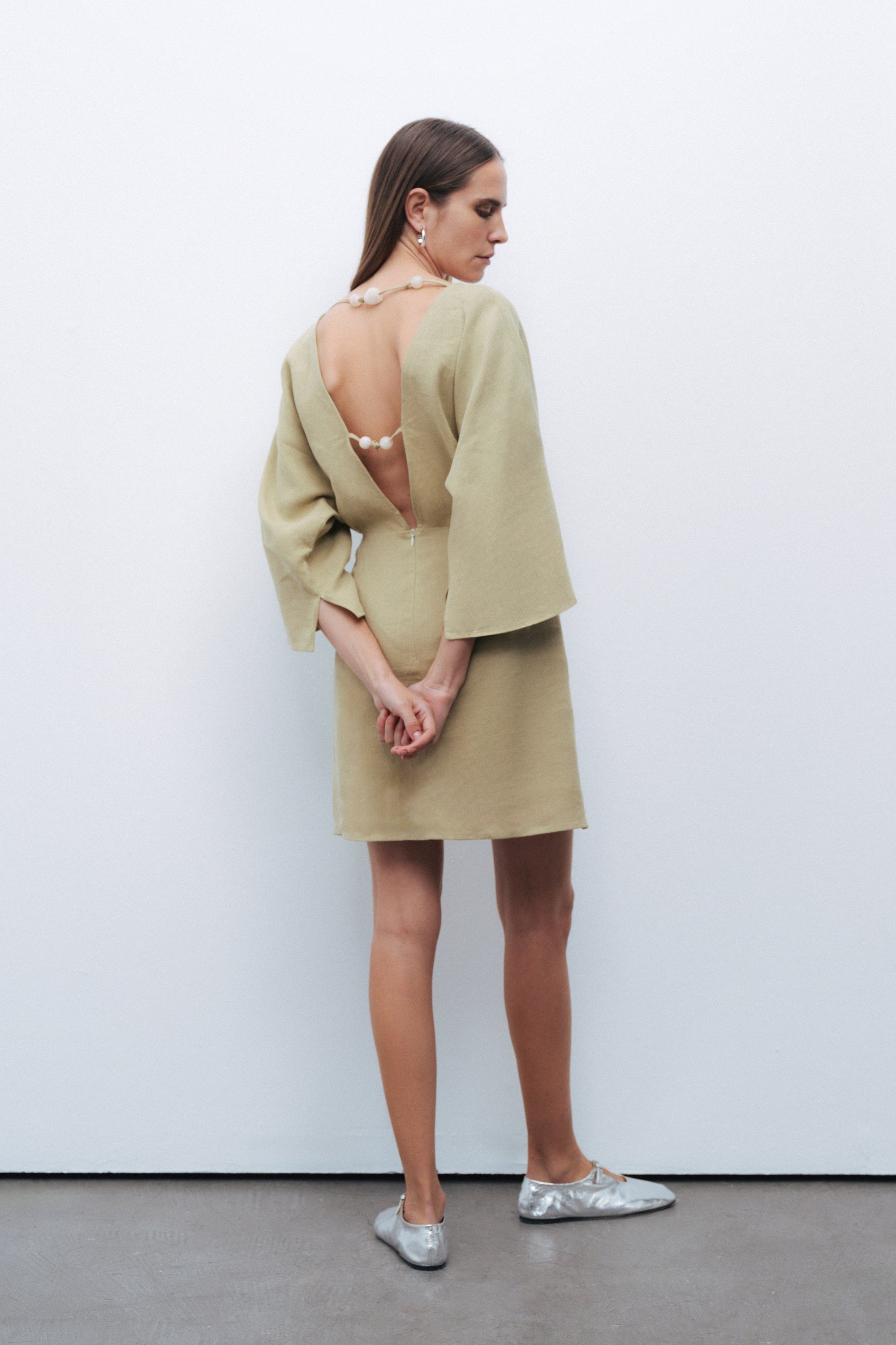 Olive Linen Beaded Back Detailed Mini Dress