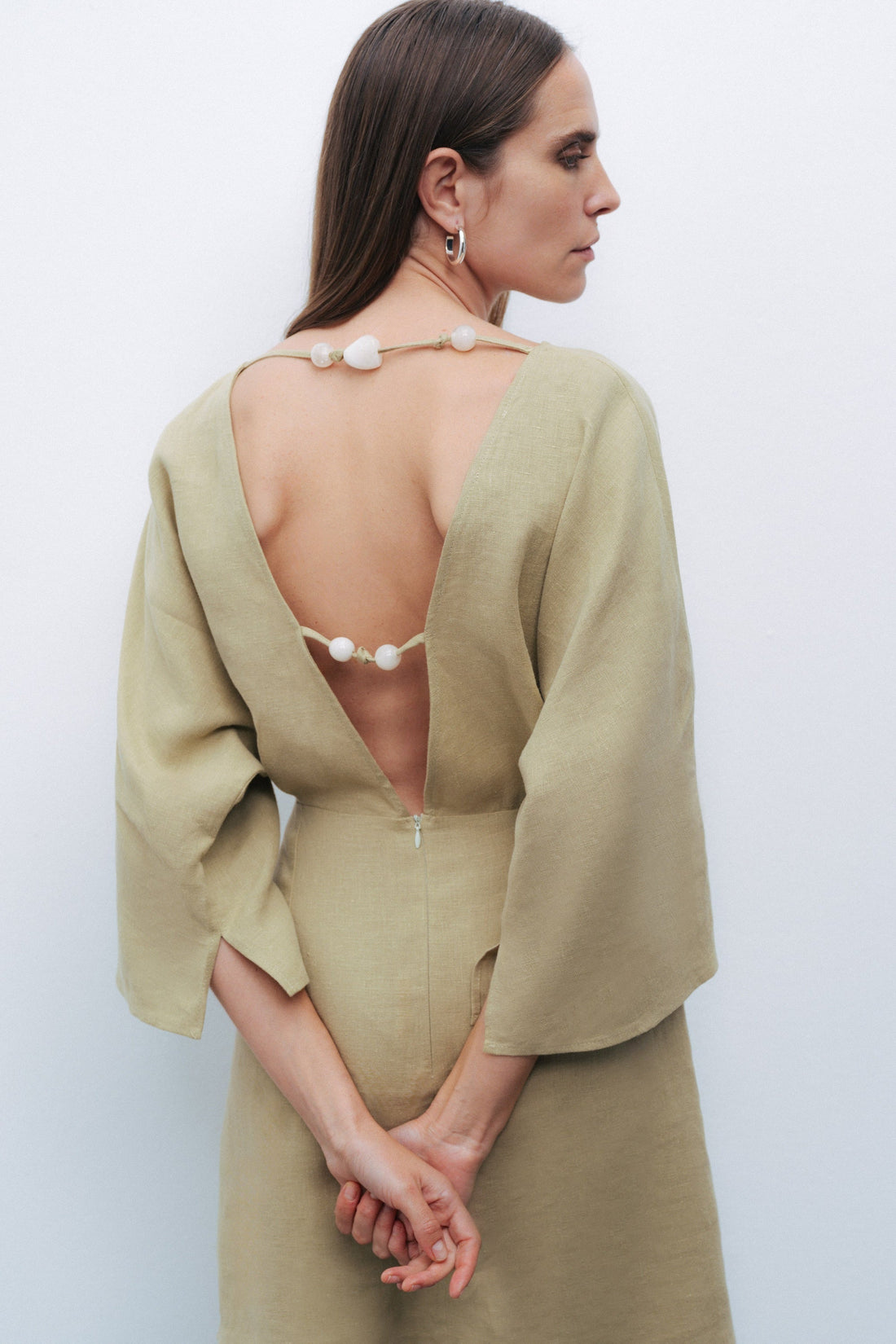 Olive Linen Beaded Back Detailed Mini Dress