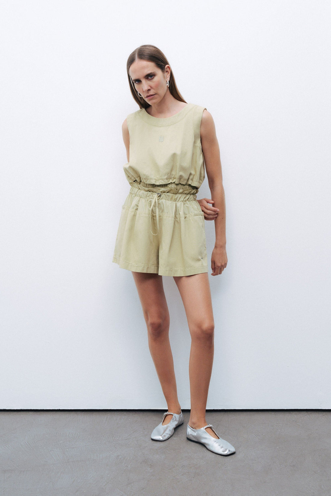 Olive Mini Shorts with Printed Details