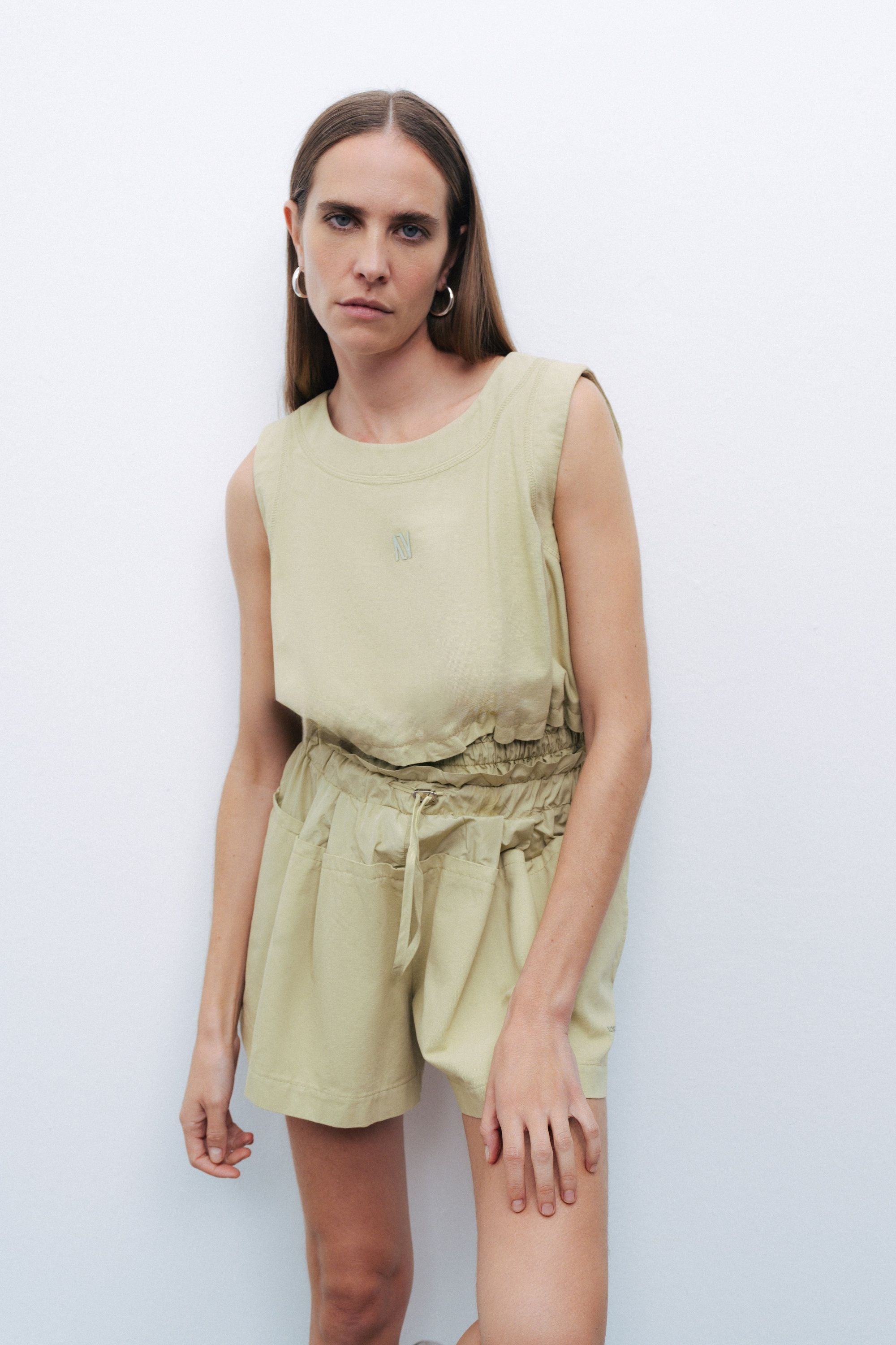 Olive Mini Shorts with Printed Details