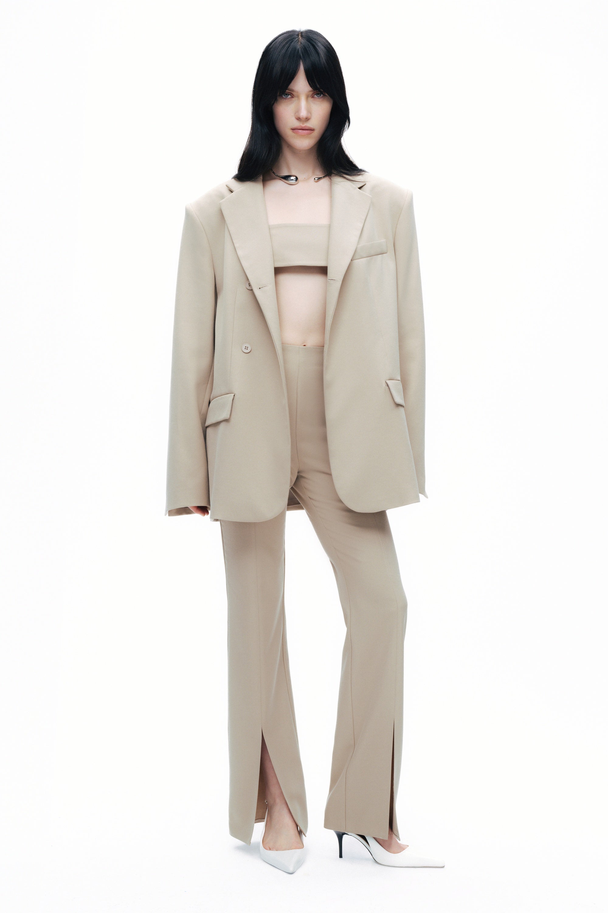 Beige Slit Detailed Trousers