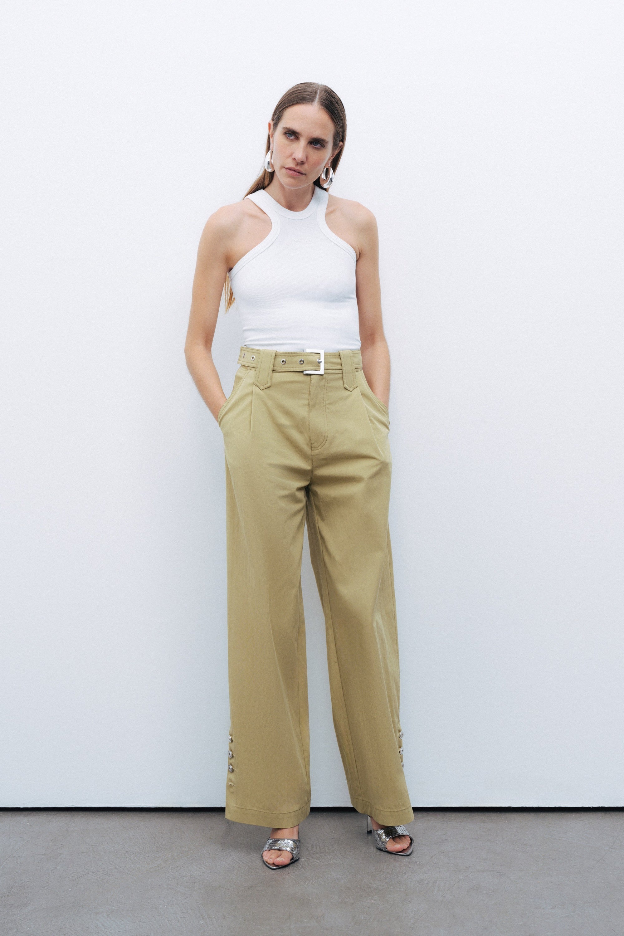 Olive Metal Buckle Detailed Belted Trousers