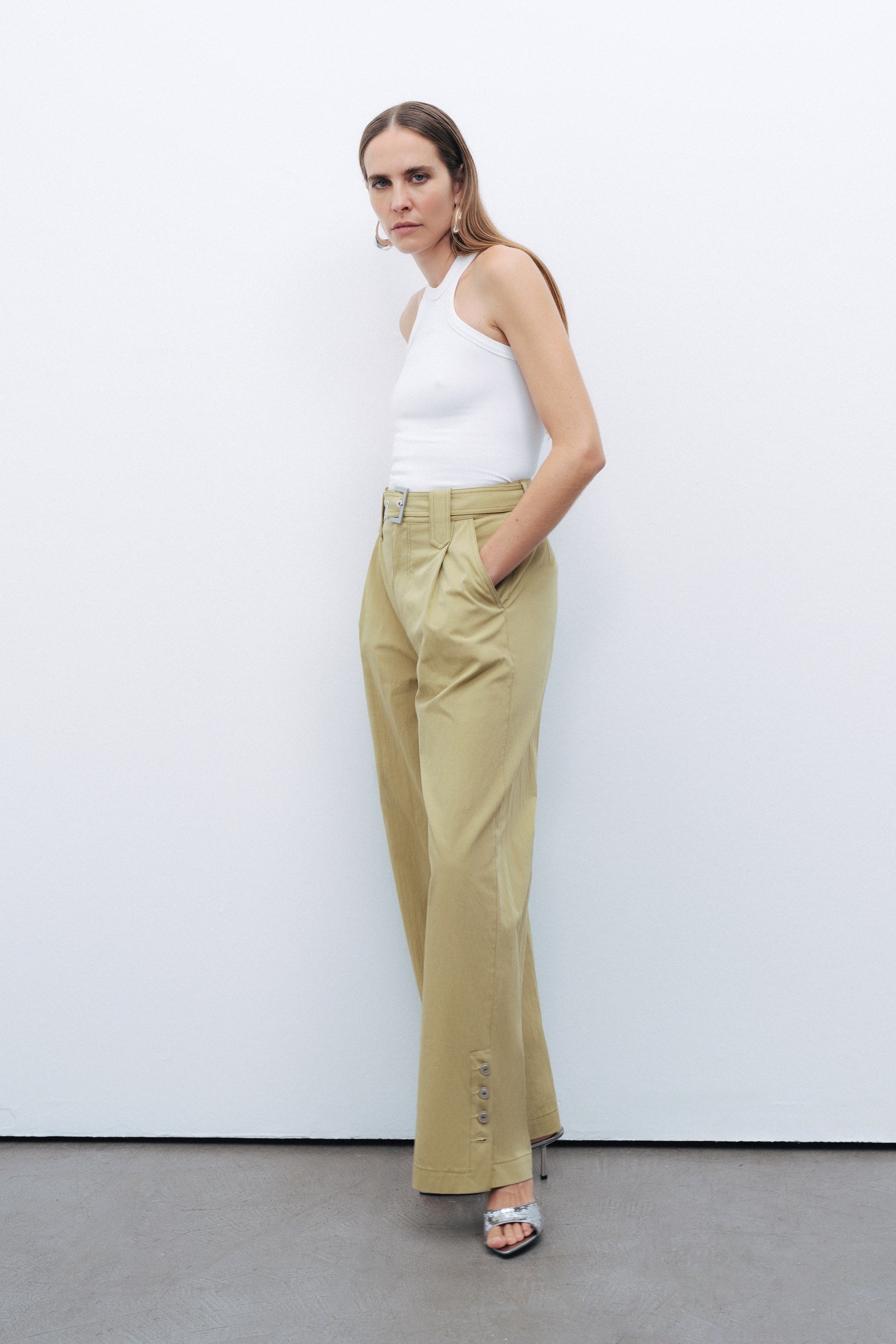 Olive Metal Buckle Detailed Belted Trousers