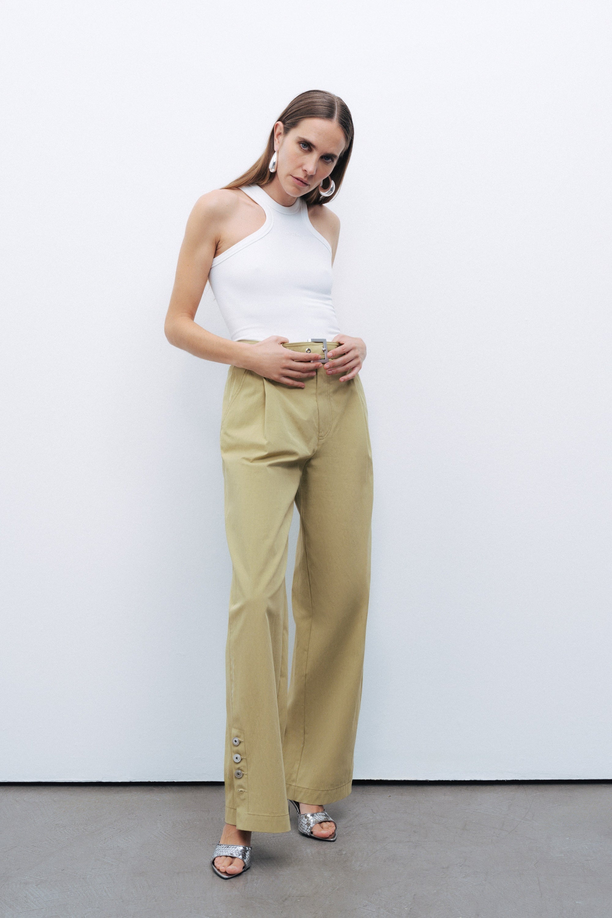 Olive Metal Buckle Detailed Belted Trousers