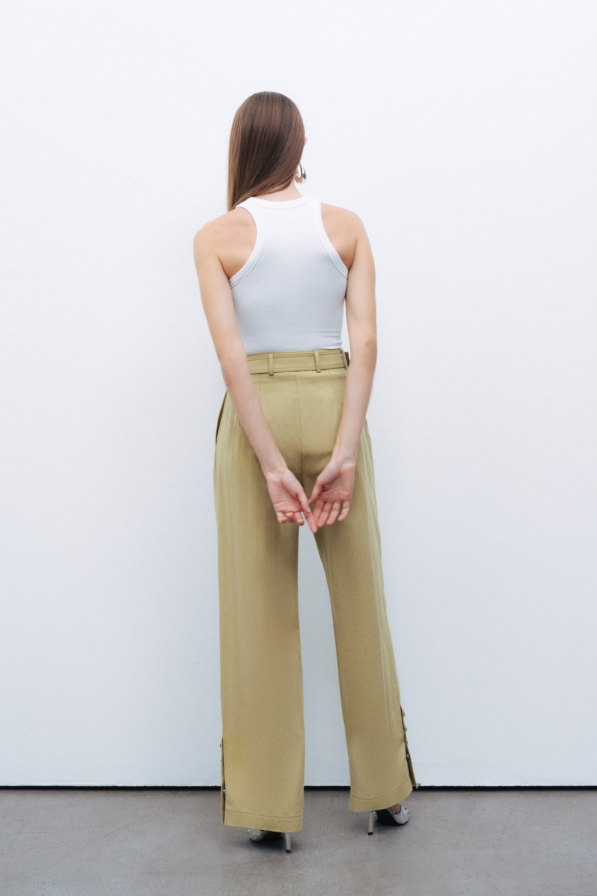 Olive Metal Buckle Detailed Belted Trousers