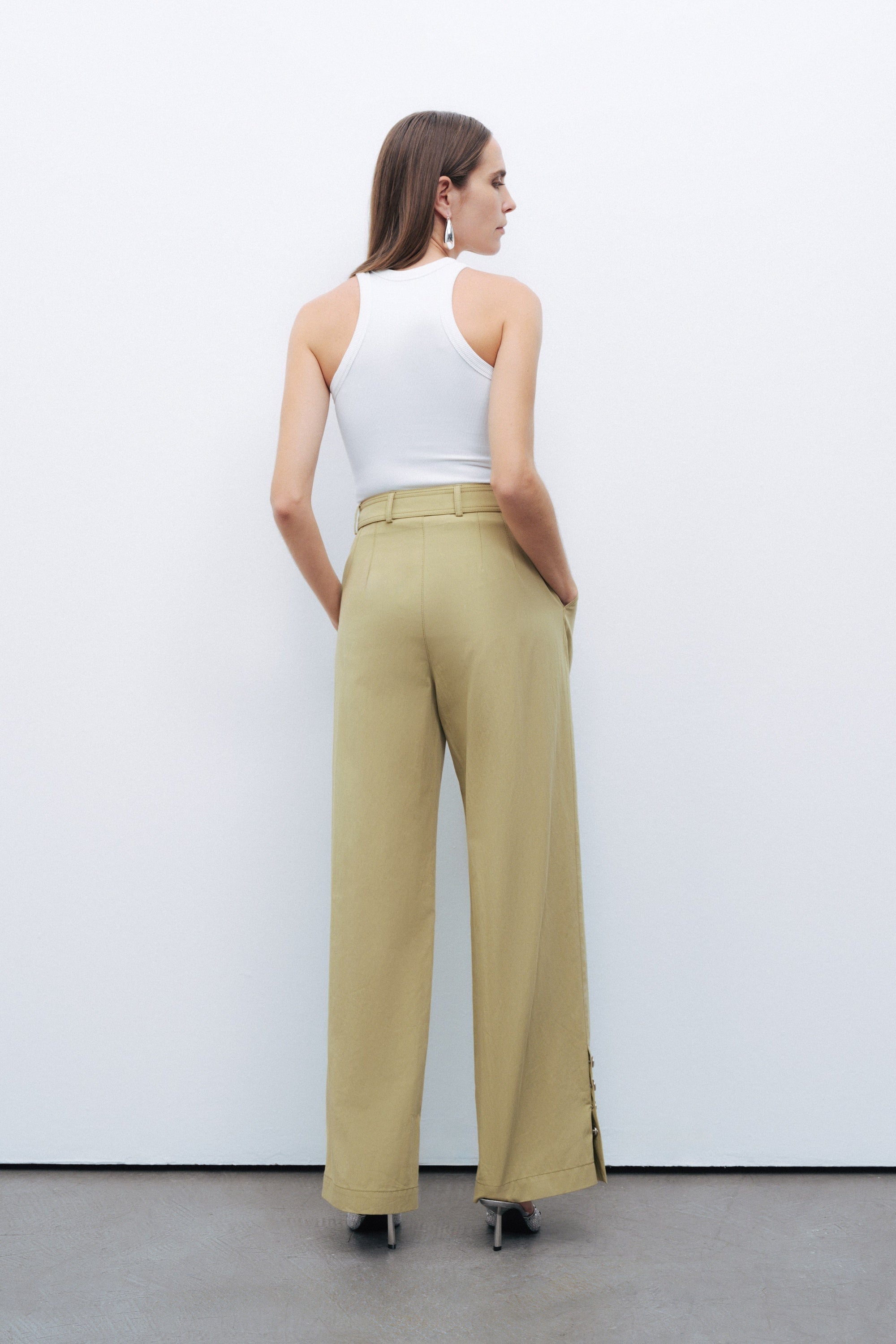 Olive Metal Buckle Detailed Belted Trousers