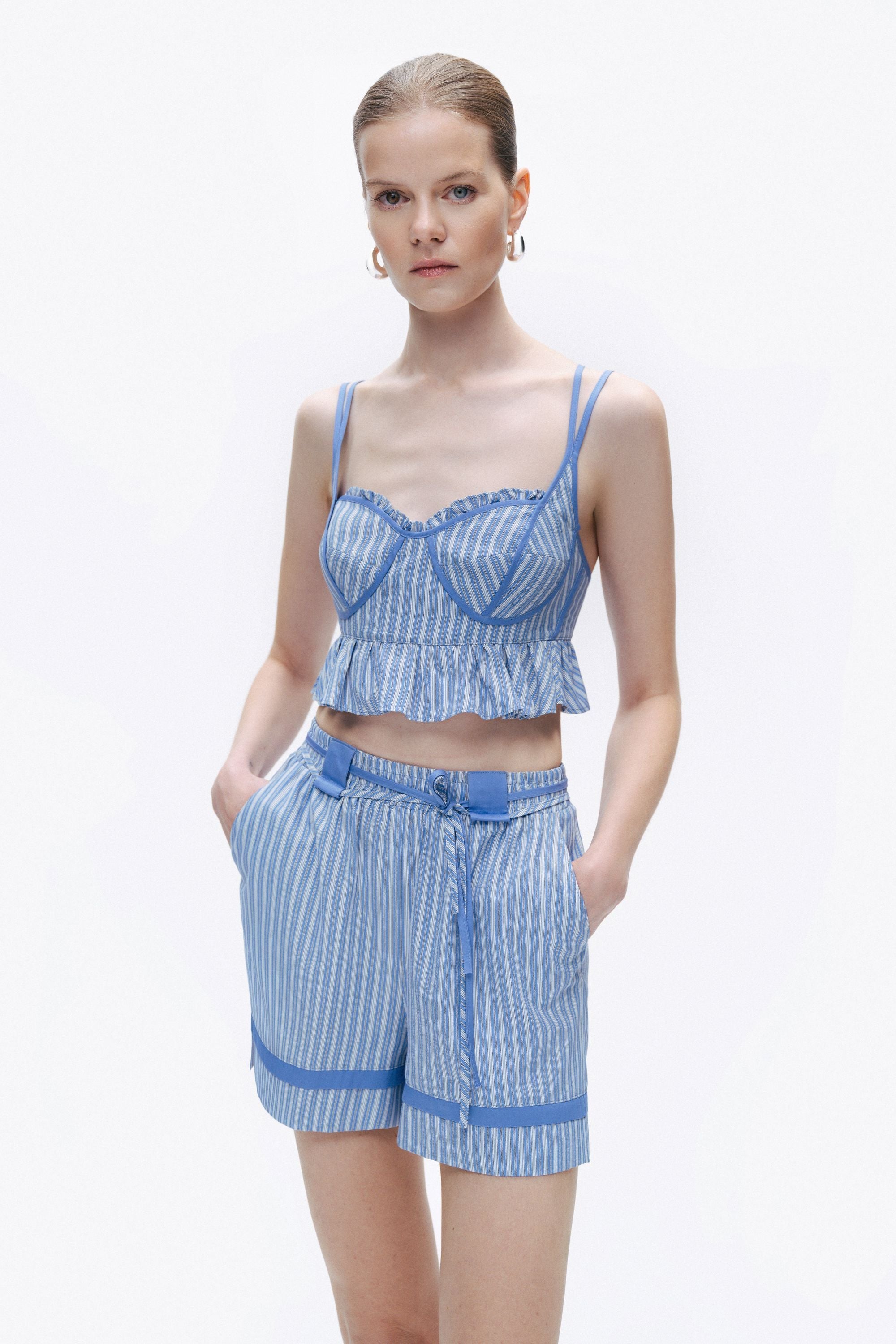 Blue Striped Ruffle Crop Top