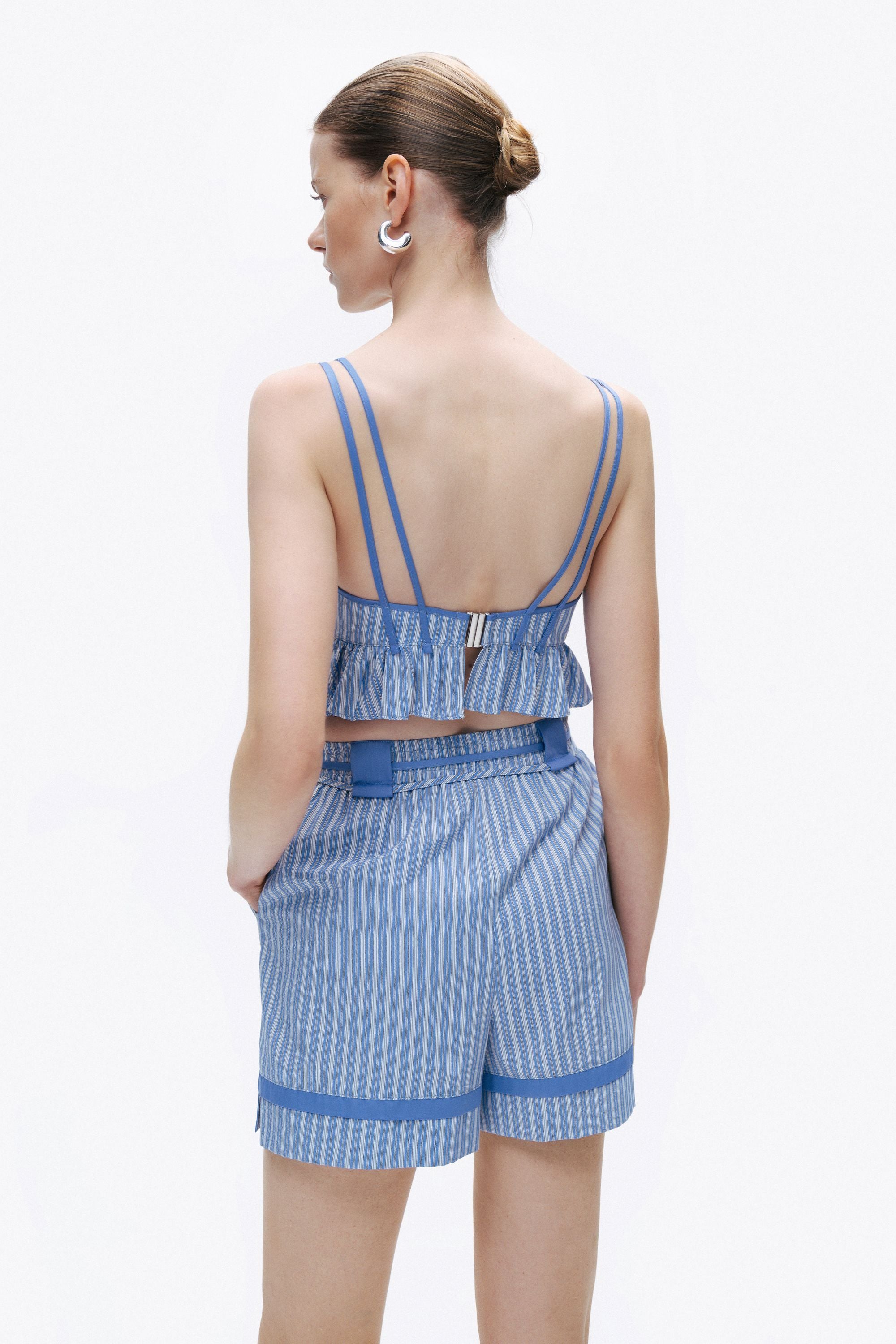 Blue Striped Lace-Up Mini Shorts