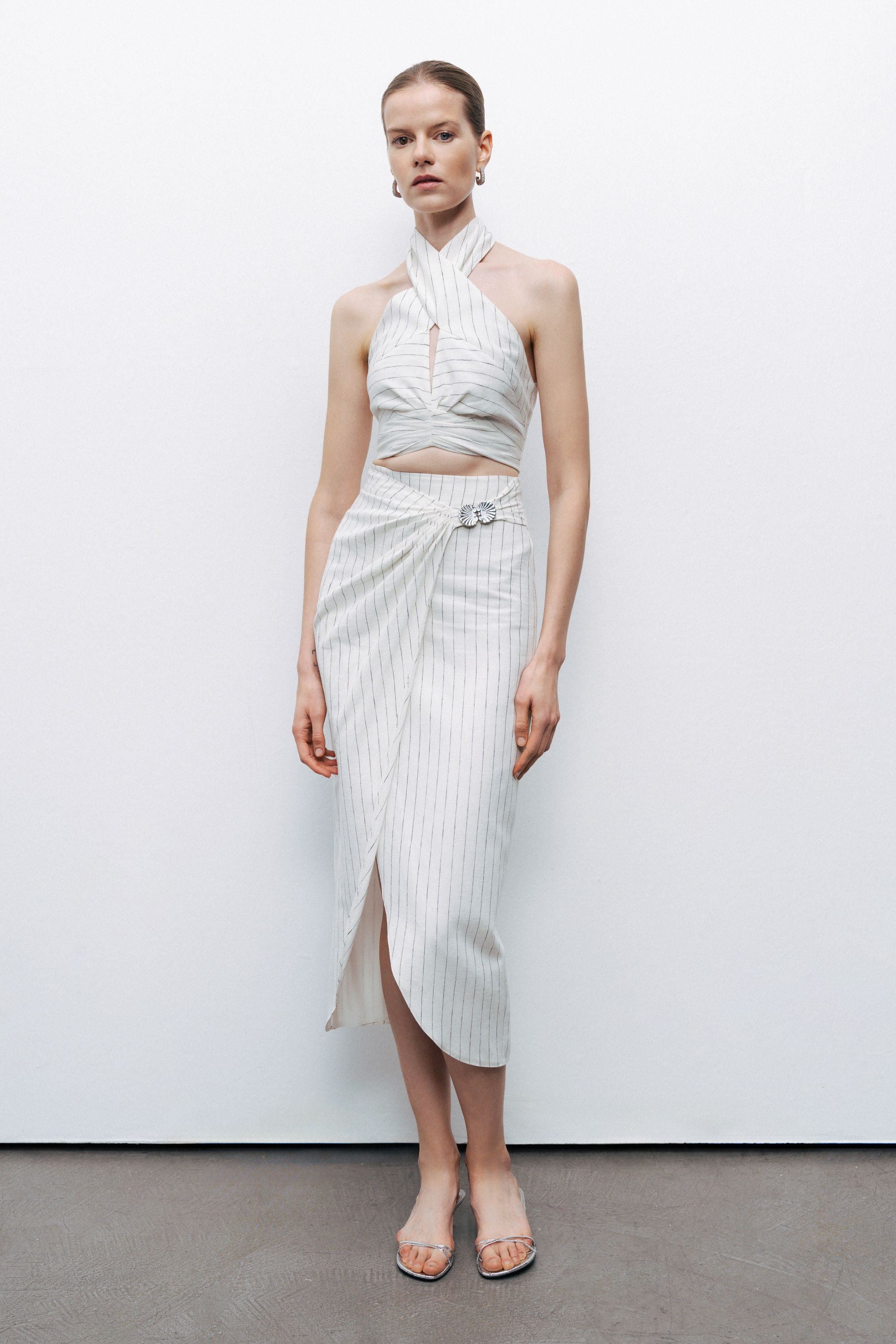 White Linen Blend Halter Neck Blouse with Tie Detail