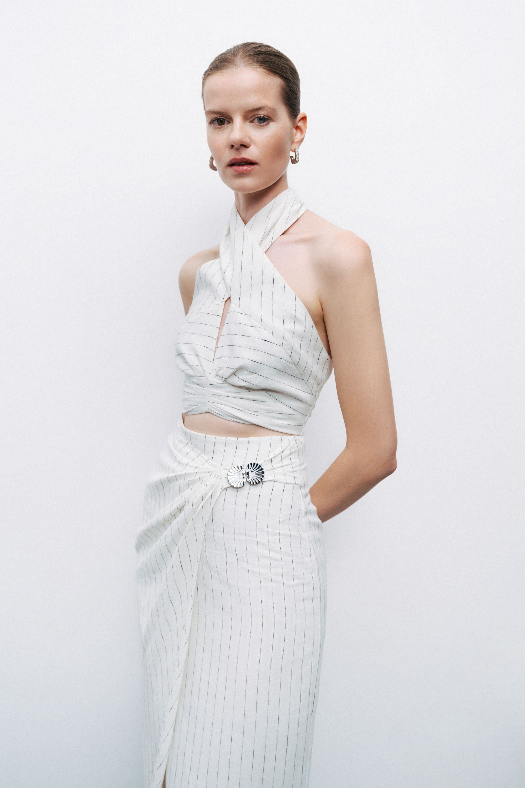 White Linen Blend Halter Neck Blouse with Tie Detail