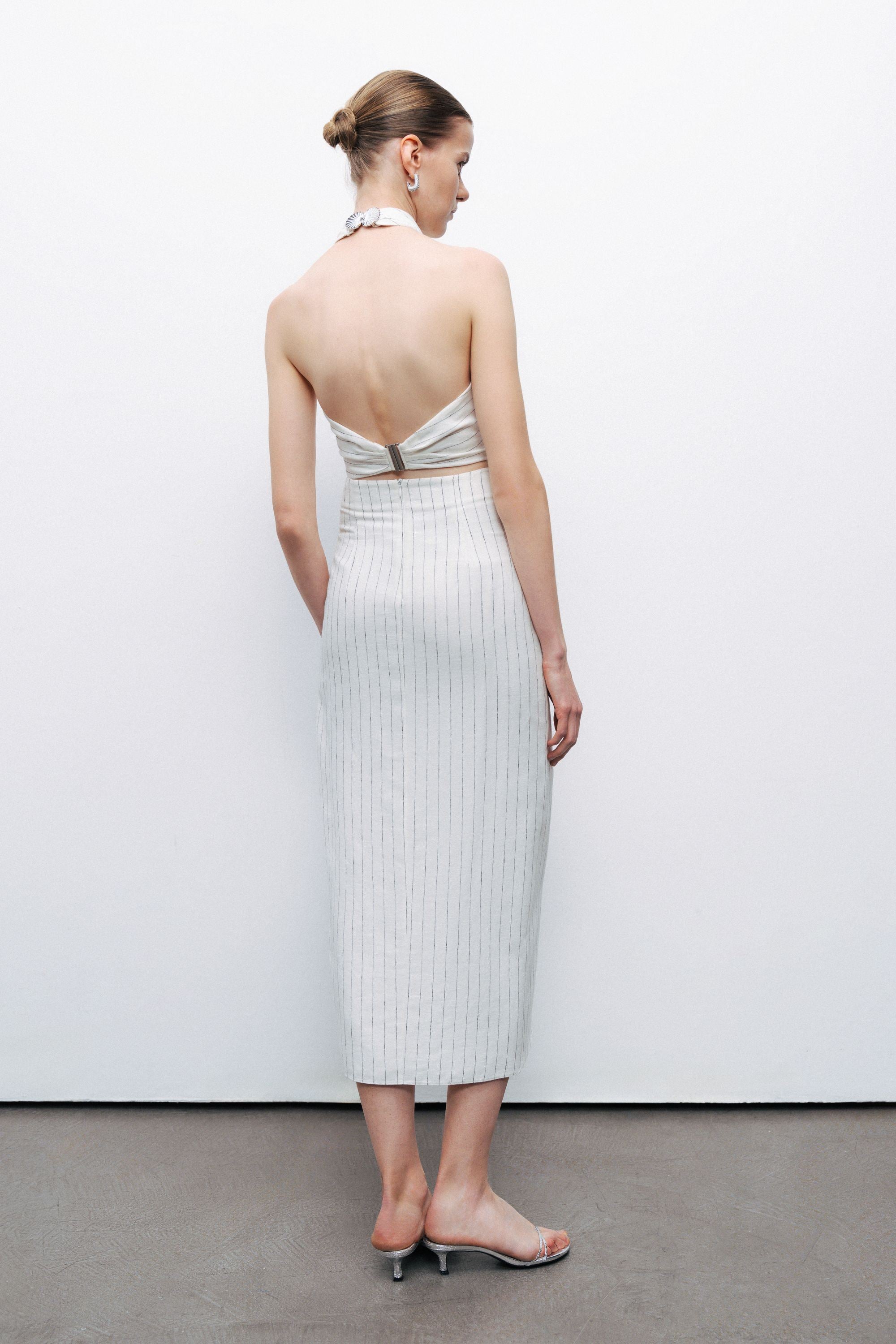 White Linen Blend Halter Neck Blouse with Tie Detail