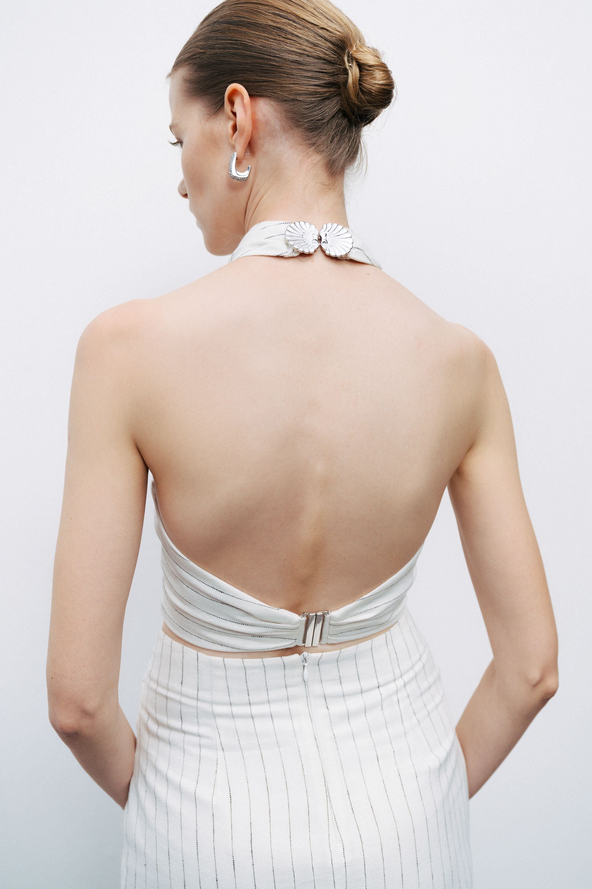 White Linen Blend Halter Neck Blouse with Tie Detail