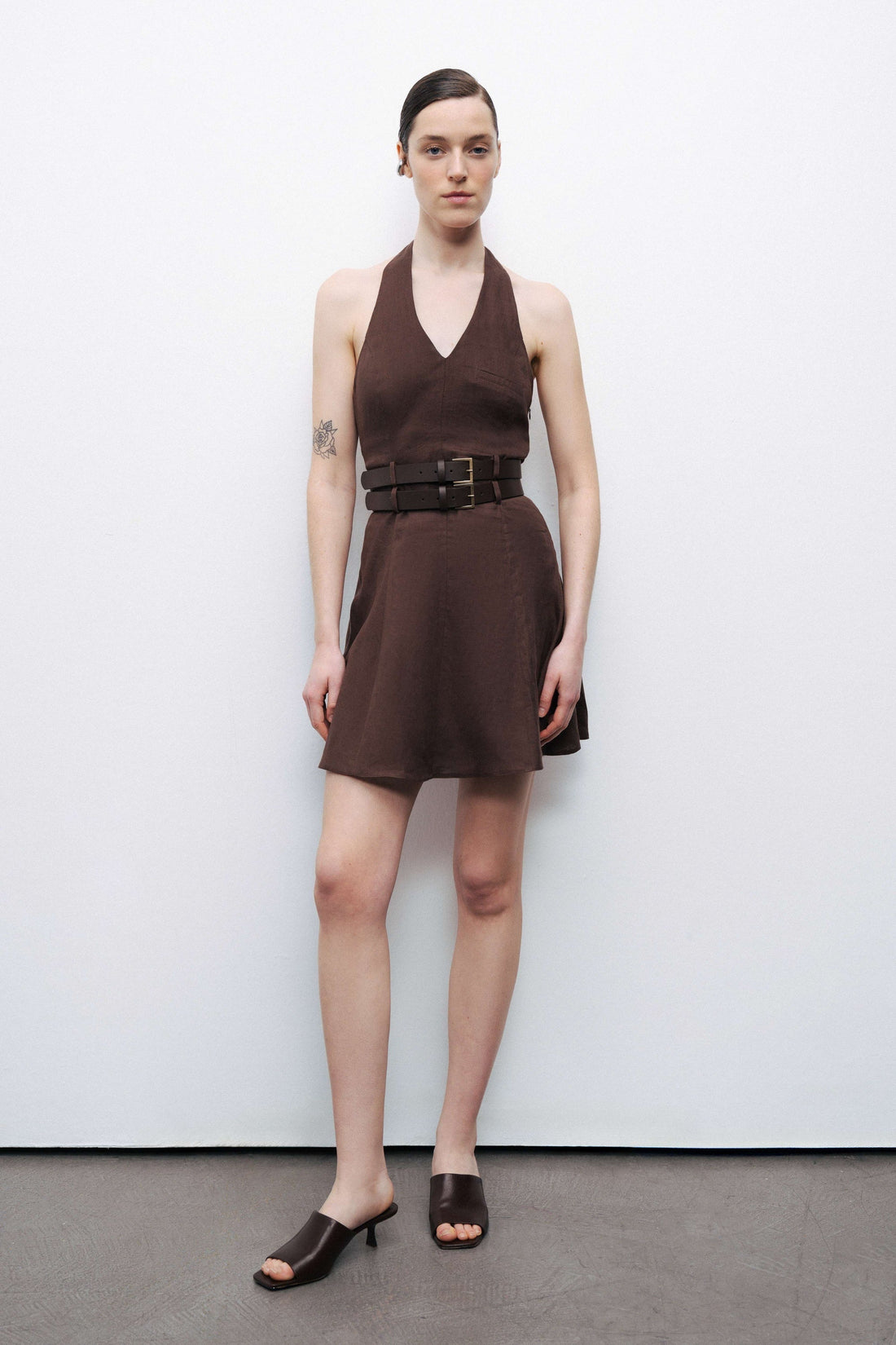 Brown Linen Double Belt Detailed Mini Dress