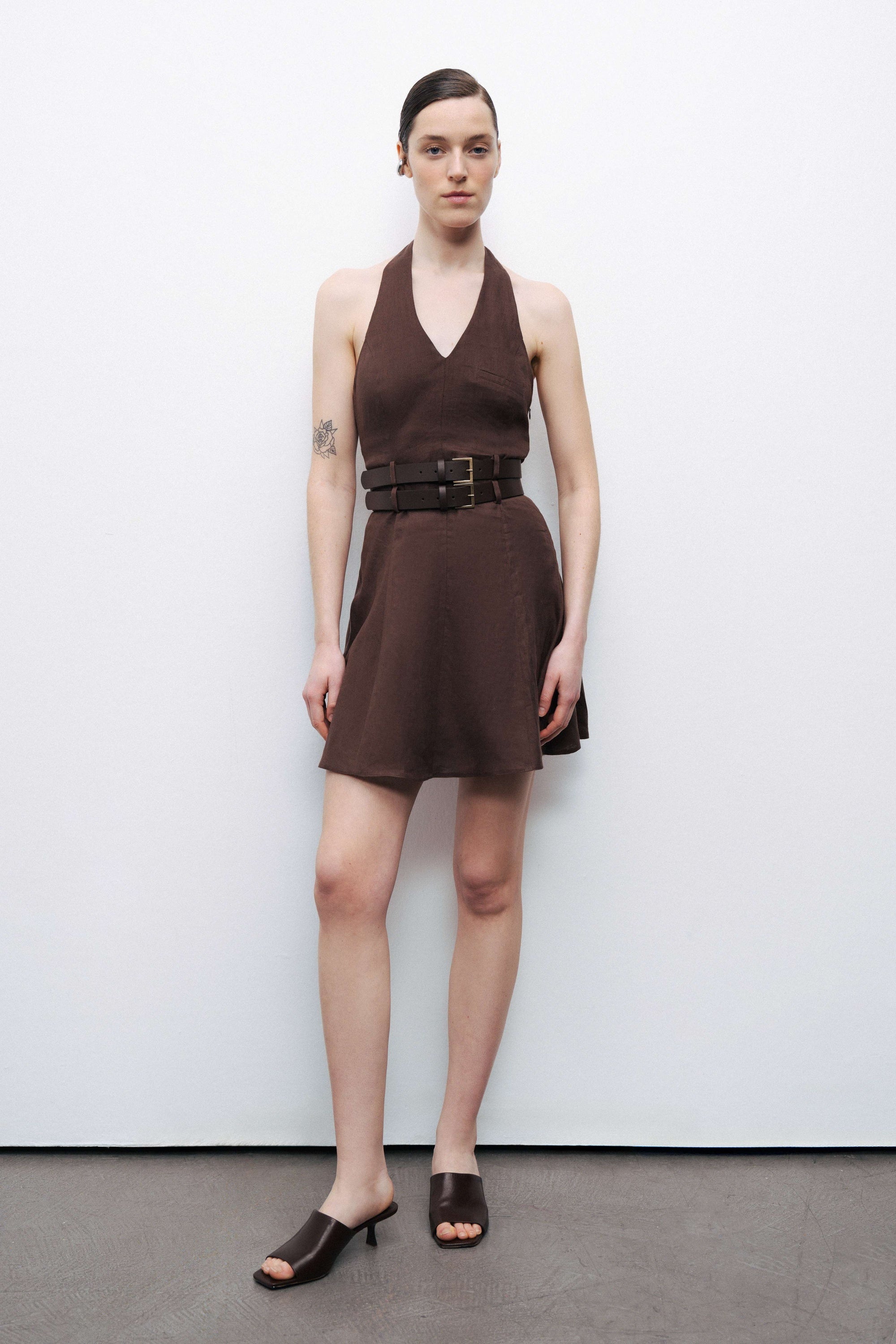 Brown Linen Double Belt Detailed Mini Dress