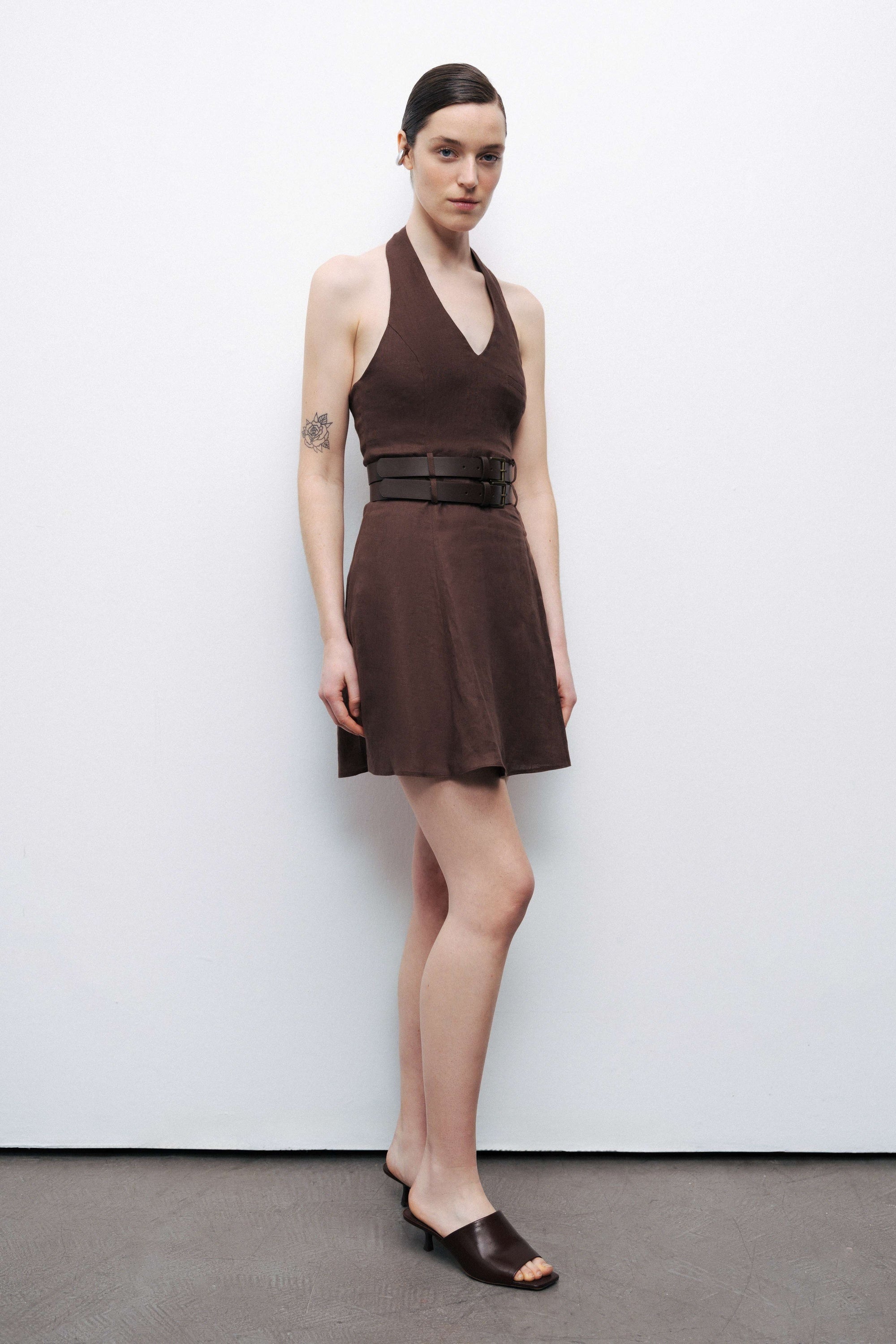 Brown Linen Double Belt Detailed Mini Dress