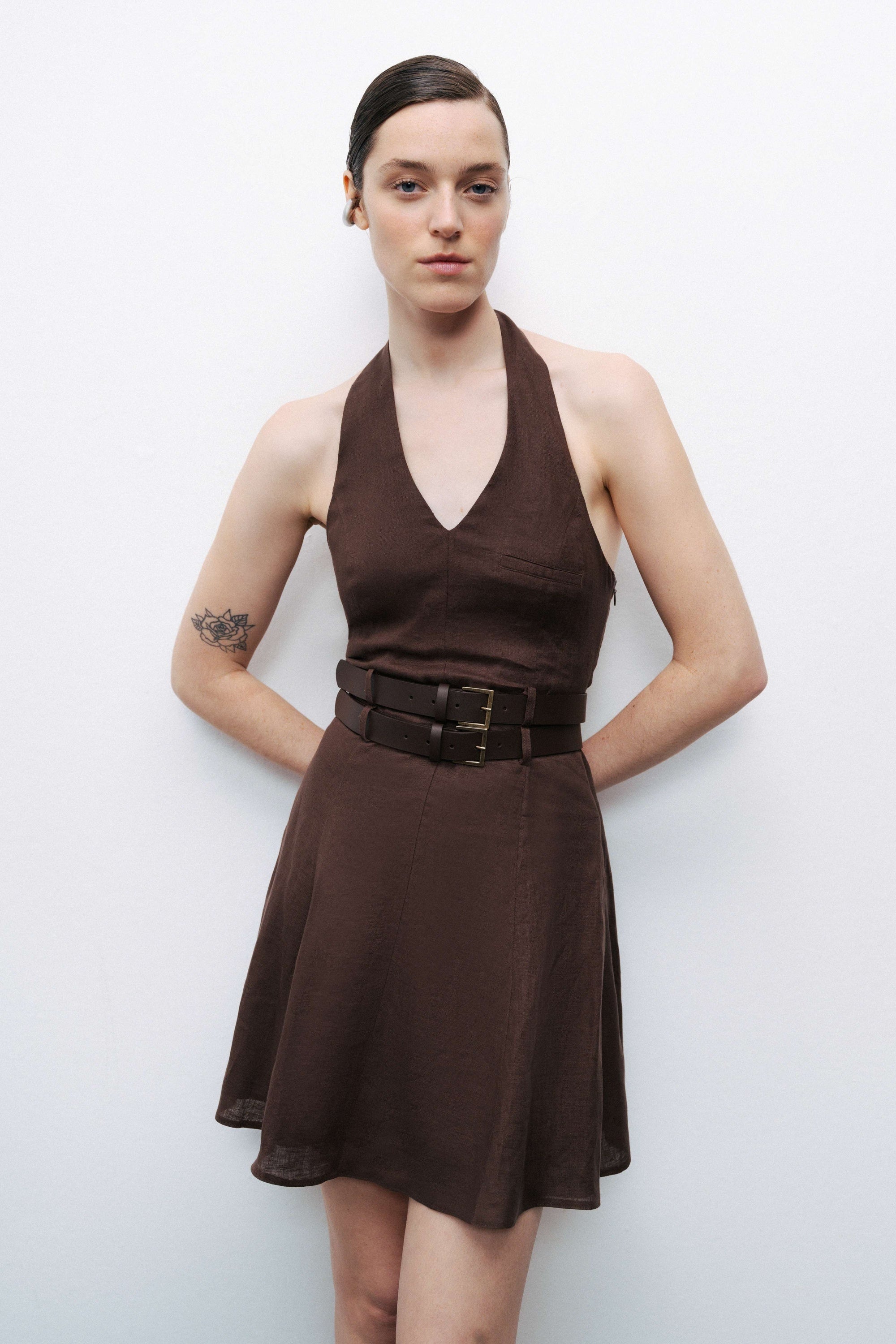 Brown Linen Double Belt Detailed Mini Dress