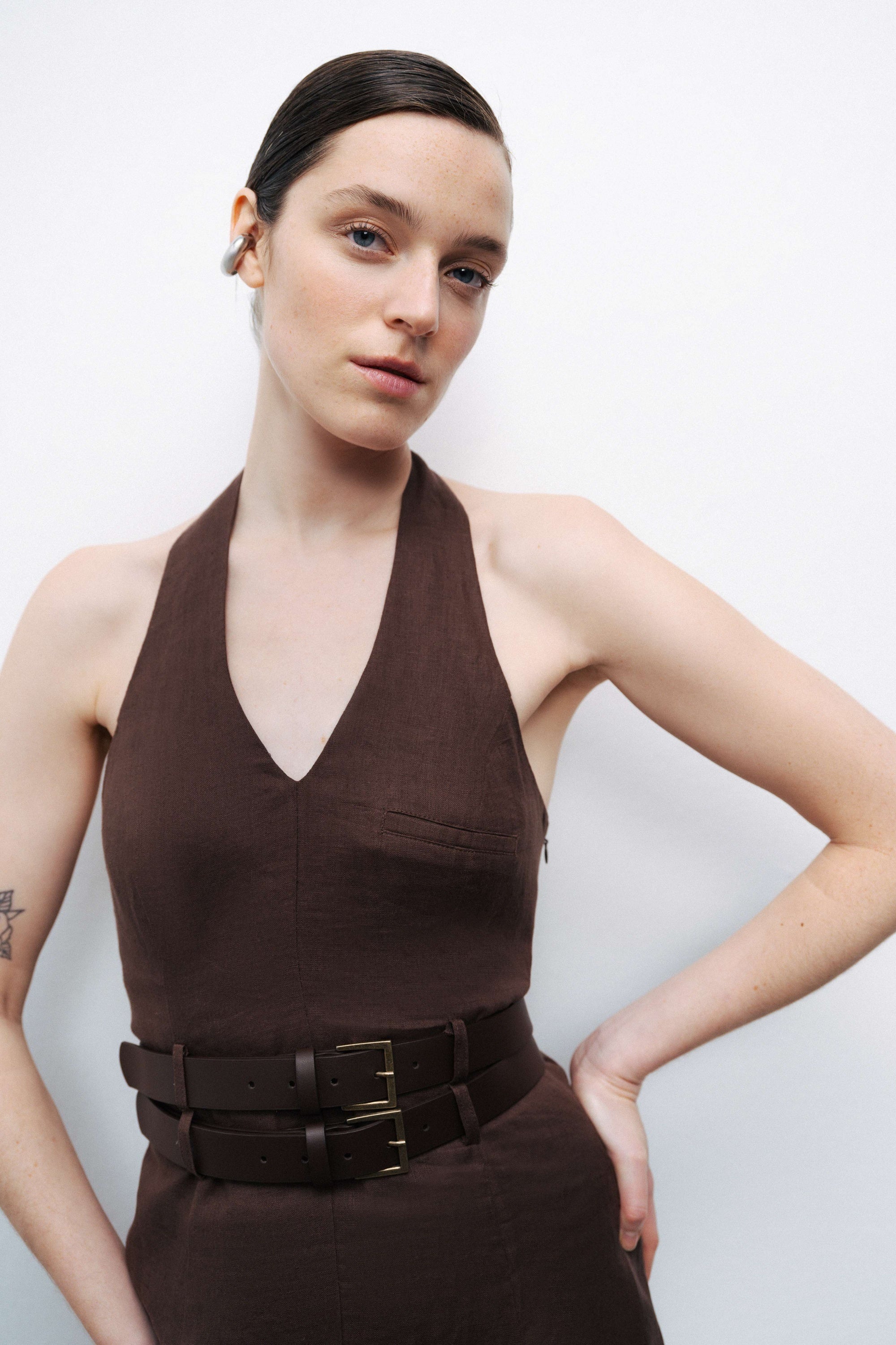 Brown Linen Double Belt Detailed Mini Dress