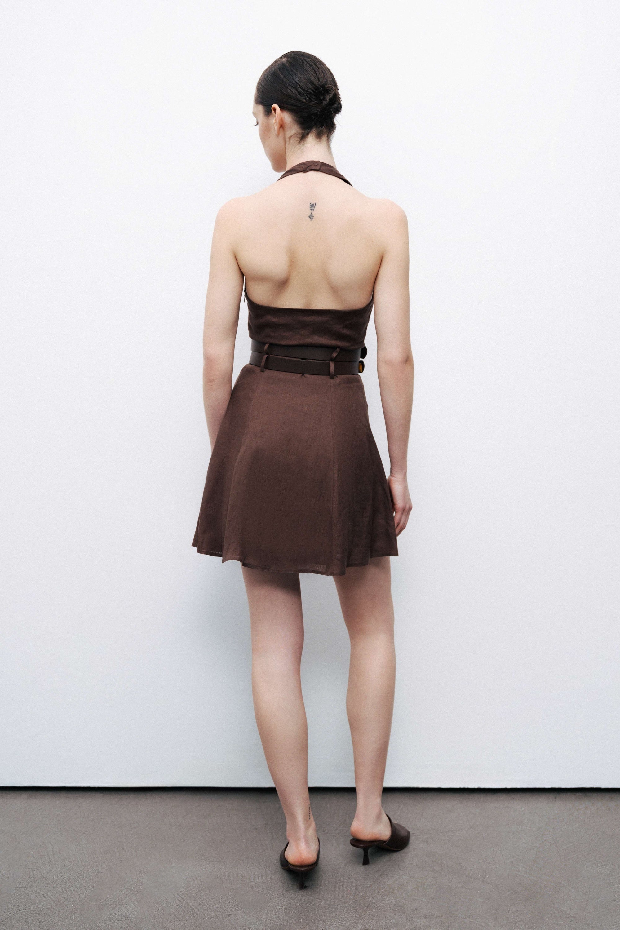Brown Linen Double Belt Detailed Mini Dress