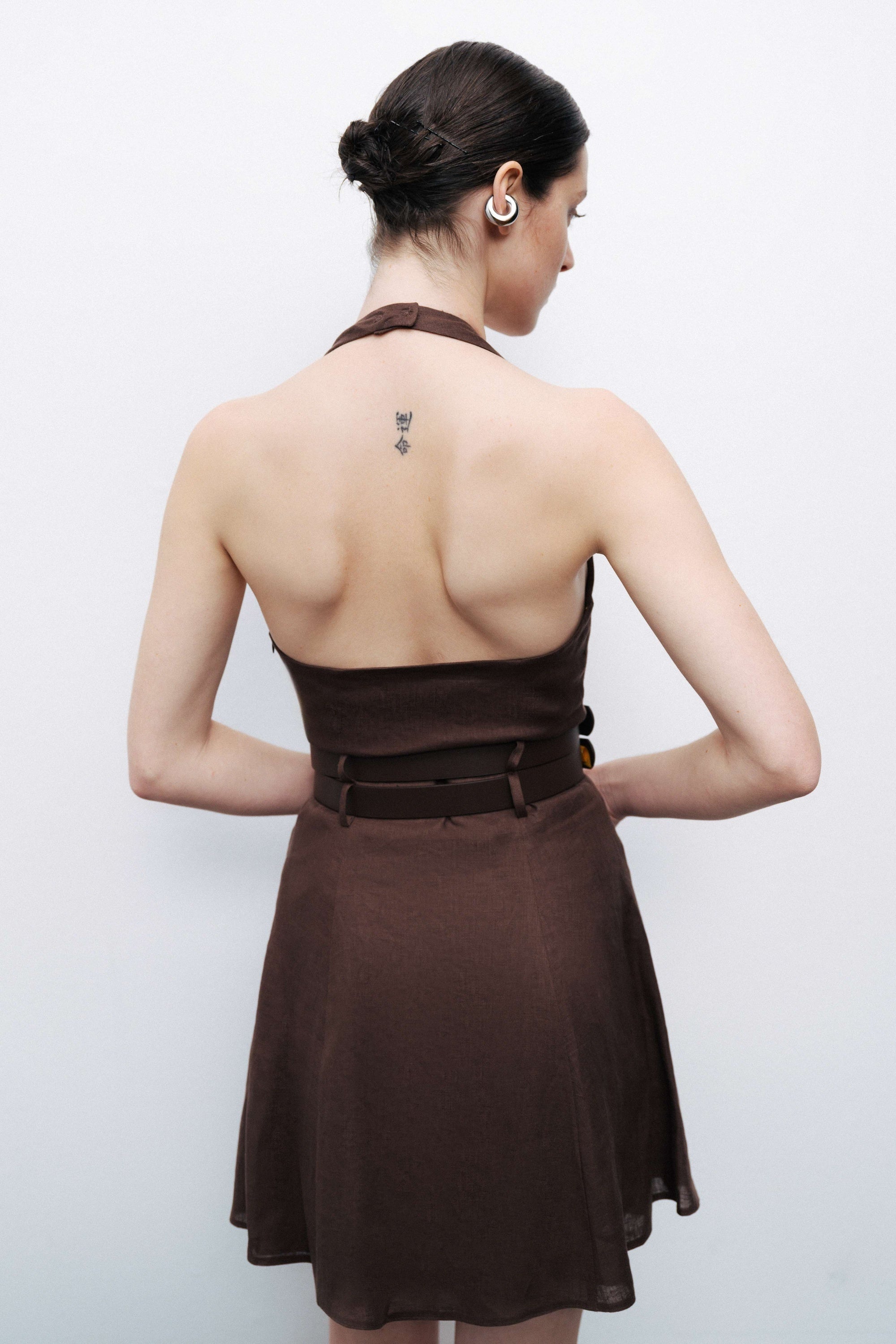 Brown Linen Double Belt Detailed Mini Dress