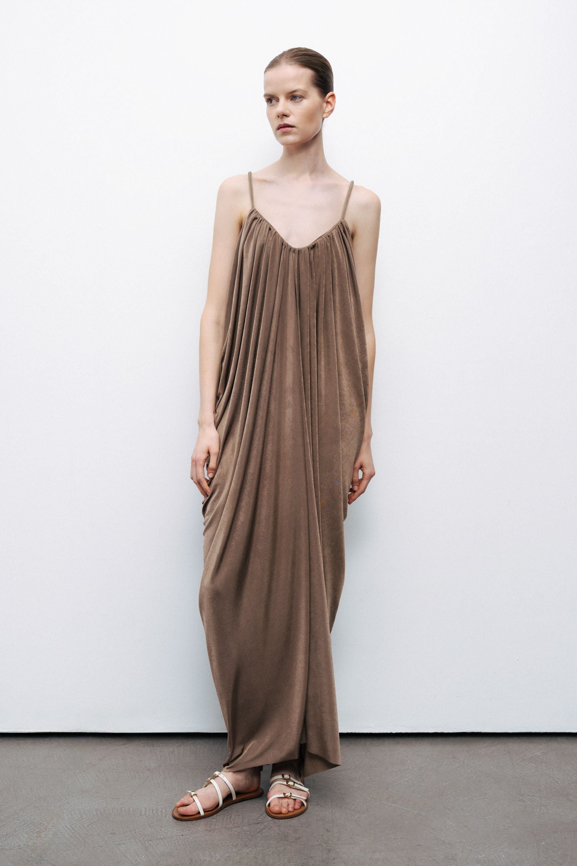 Bronze Draped Detailed Flowy Maxi Dress
