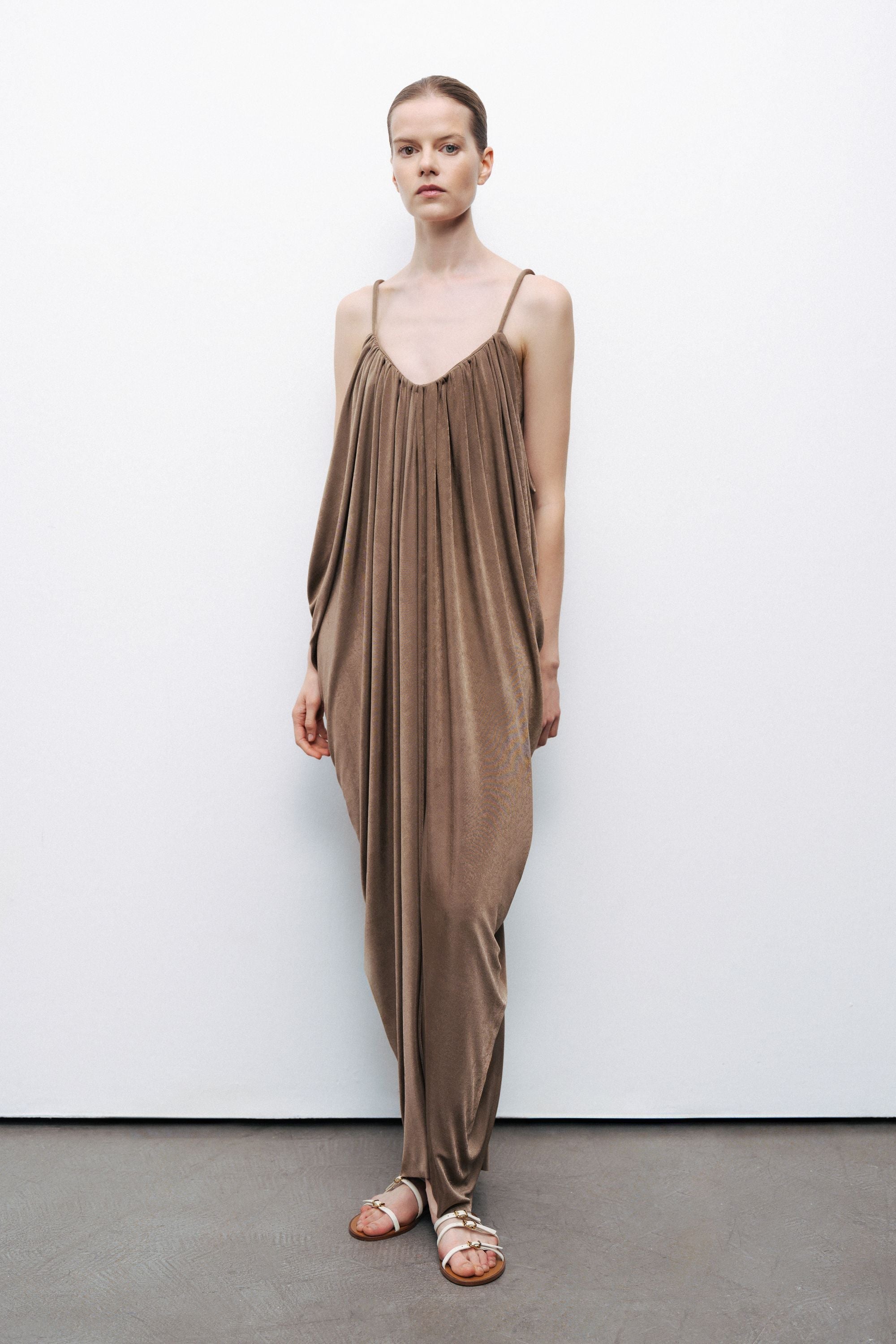 Bronze Draped Detailed Flowy Maxi Dress