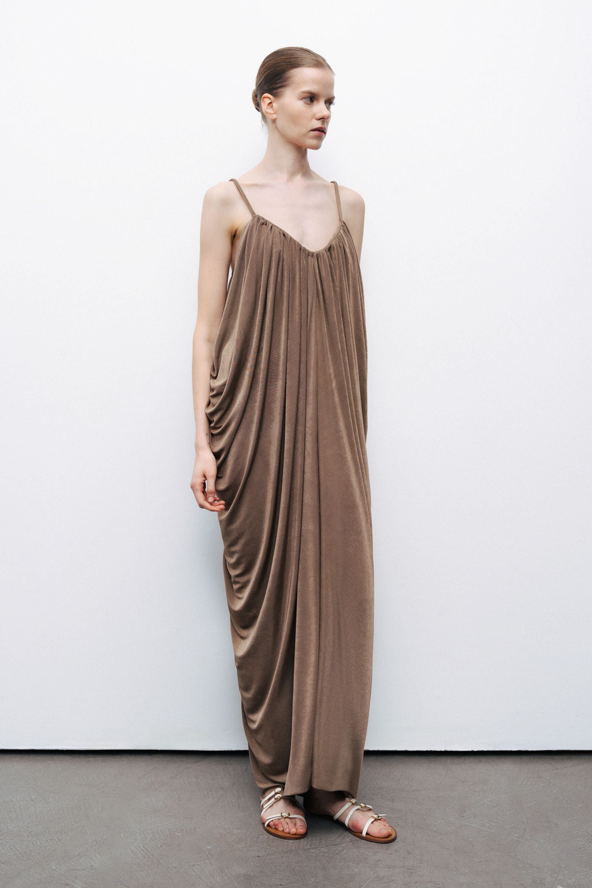 Bronze Draped Detailed Flowy Maxi Dress