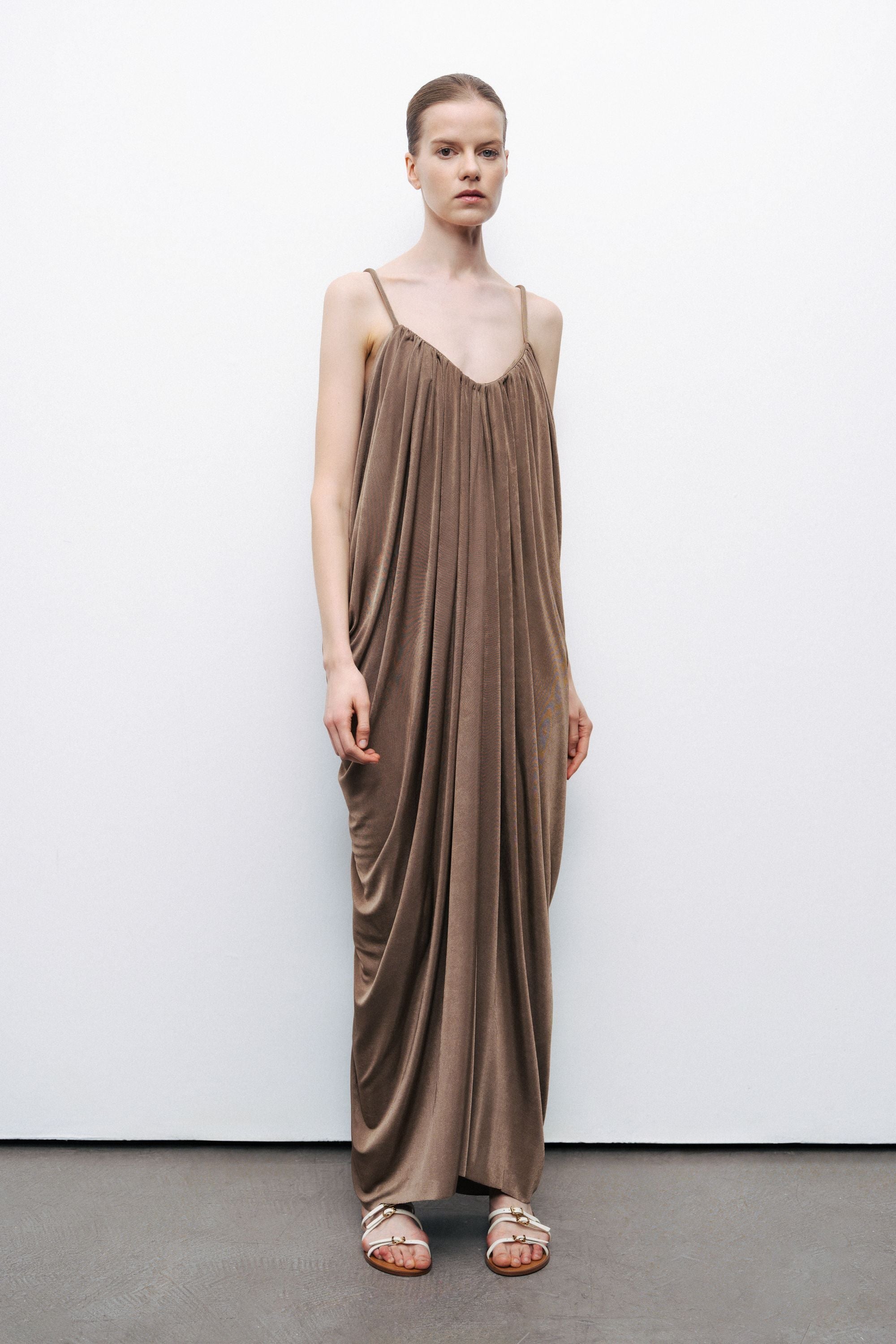 Bronze Draped Detailed Flowy Maxi Dress