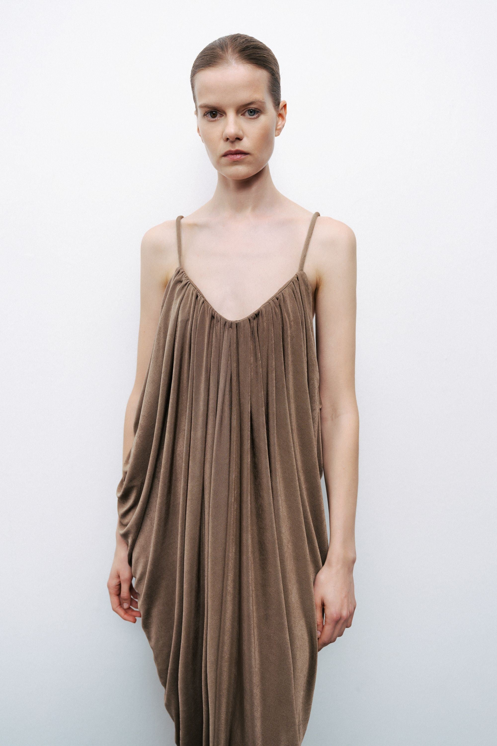 Bronze Draped Detailed Flowy Maxi Dress