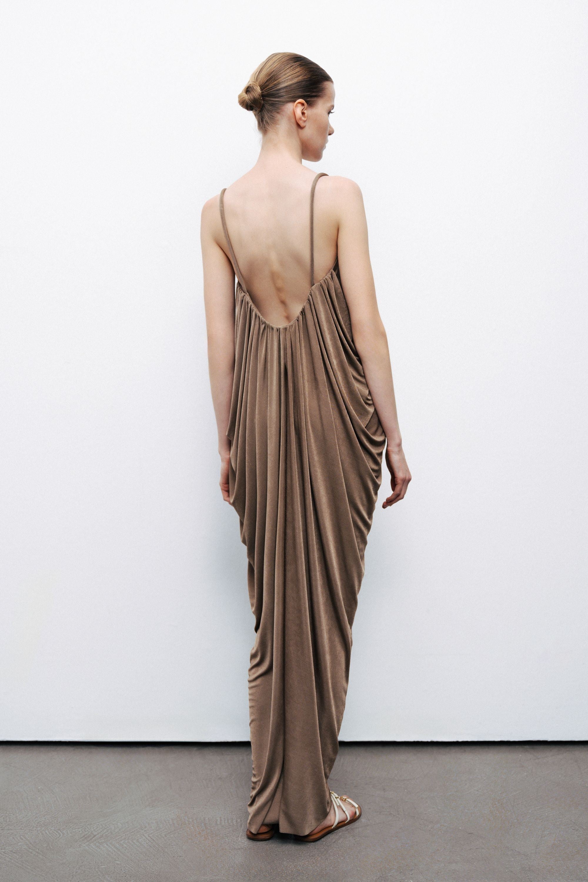 Bronze Draped Detailed Flowy Maxi Dress
