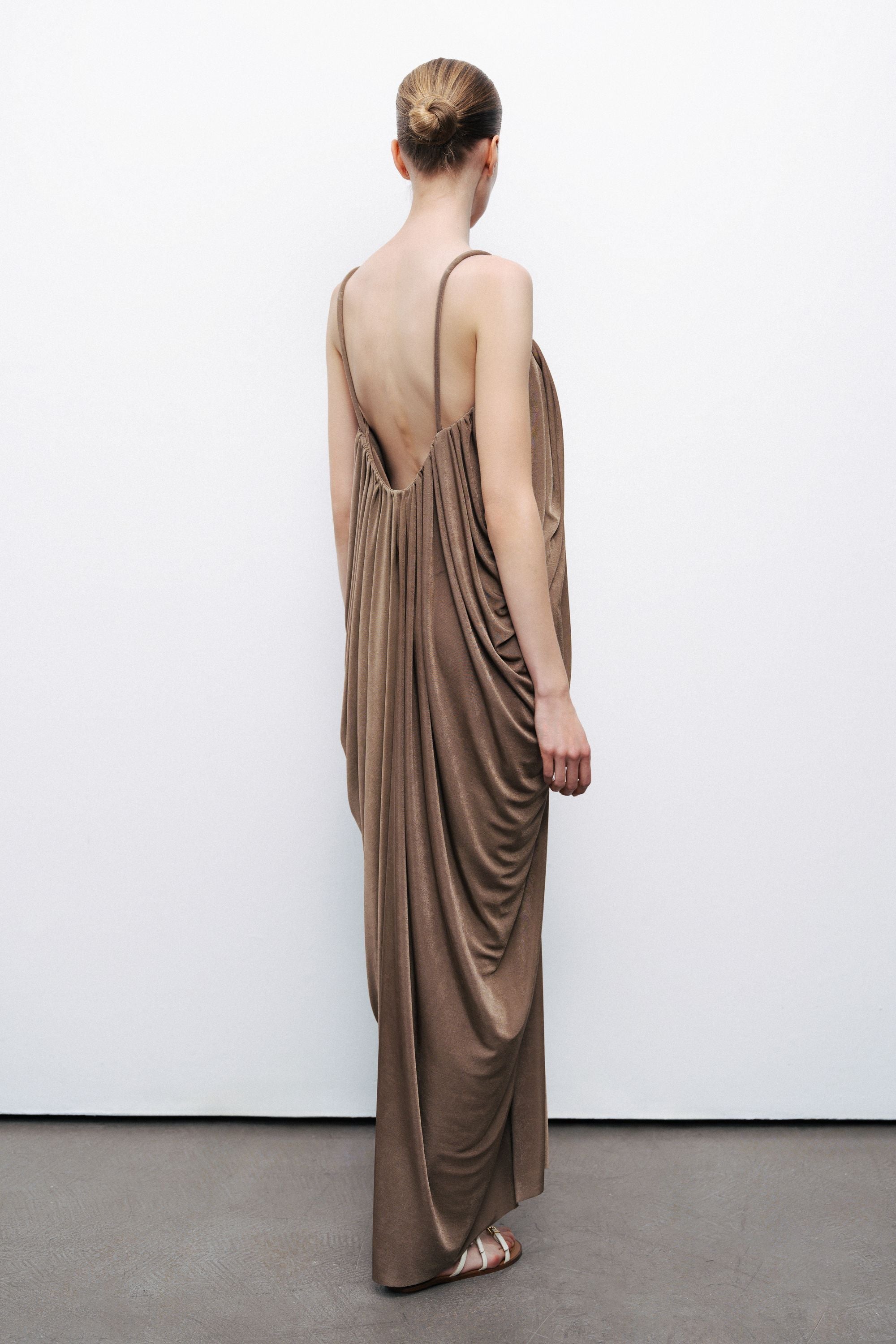 Bronze Draped Detailed Flowy Maxi Dress