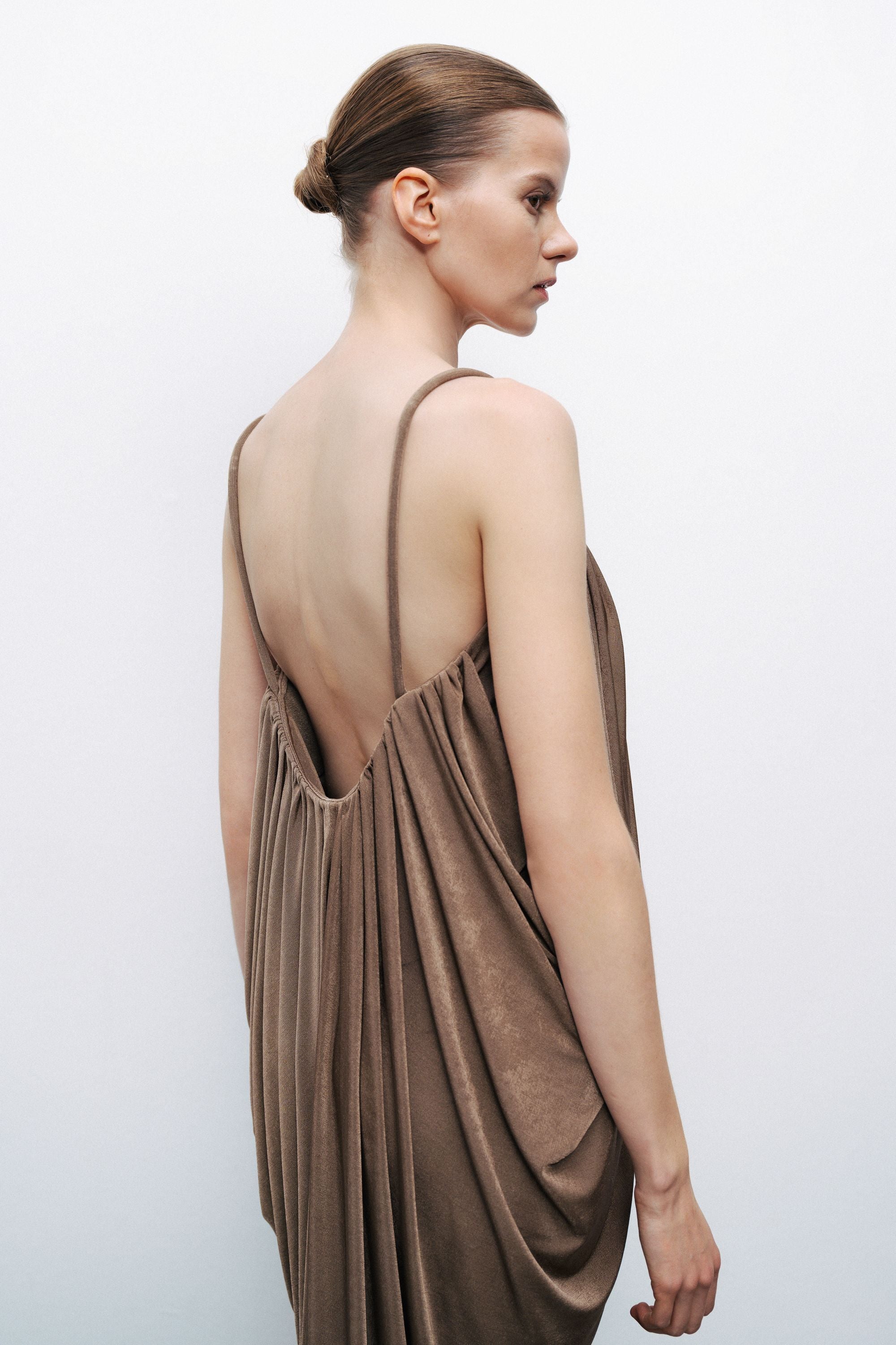 Bronze Draped Detailed Flowy Maxi Dress