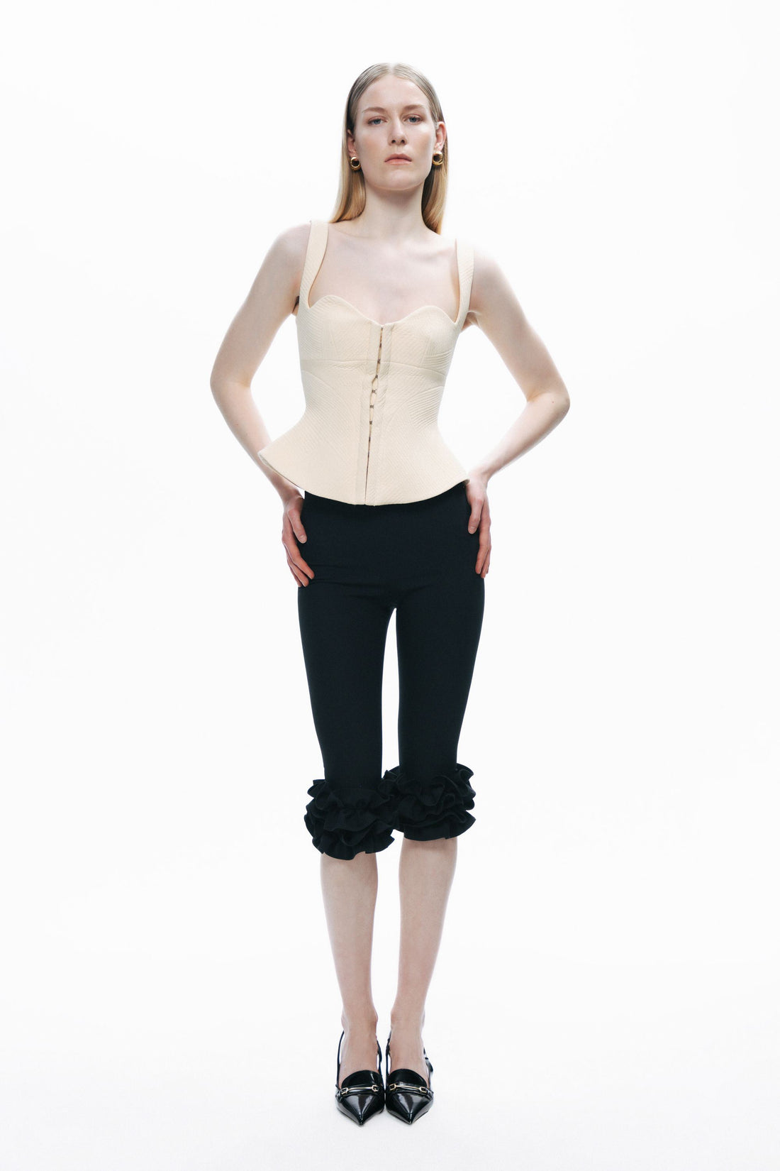 Black Bermuda Pants with Ruffle Details